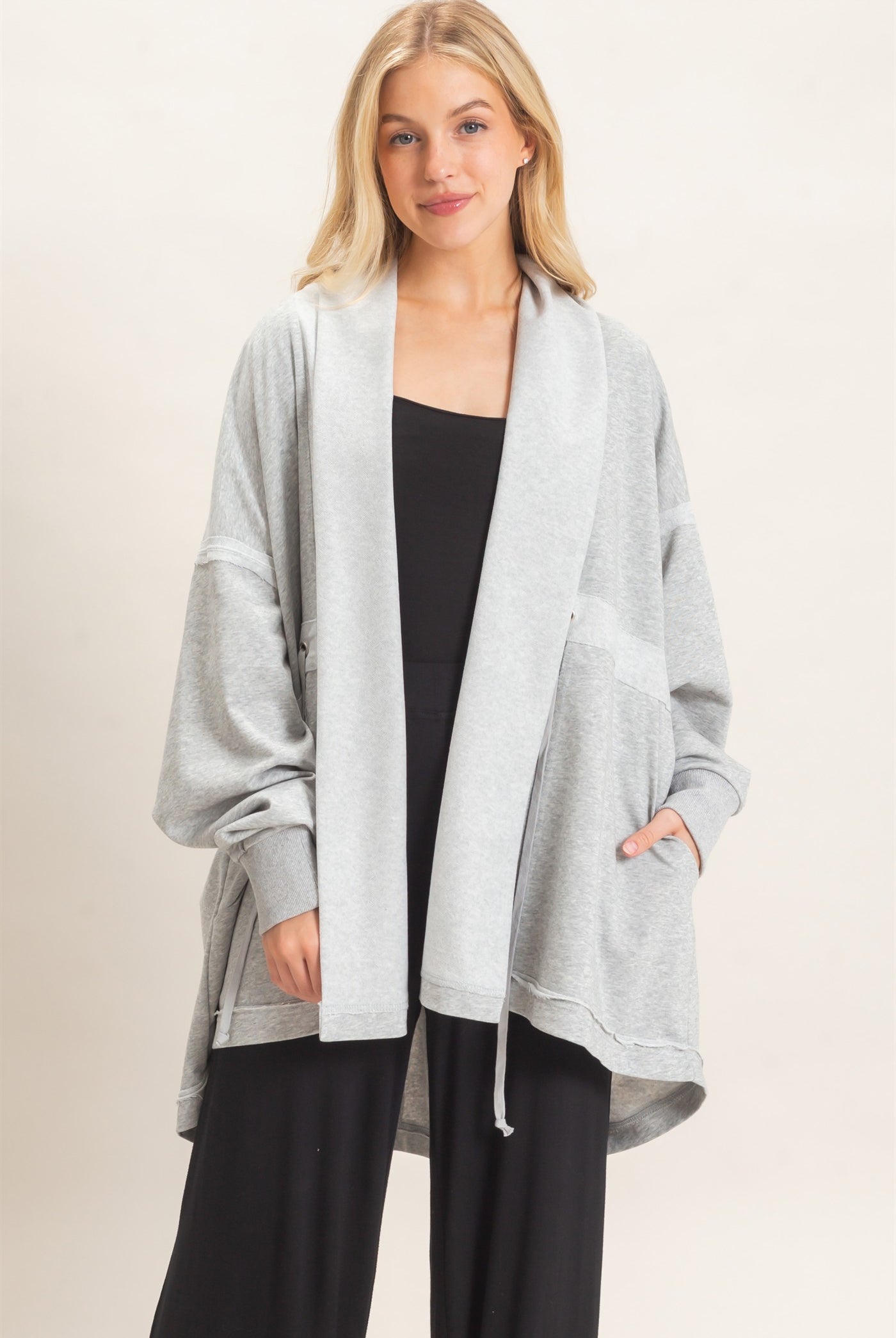 Wholesale Open Front Tie Waist Cardigan Cardigans HF26C778 HEATHER GRAY HYFVE