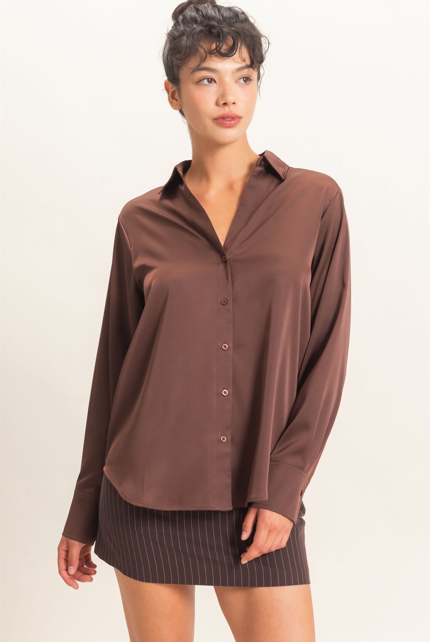 Wholesale Satin Button-Down Shirts Shirts DZ26E265 DARK BROWN DOUBLE ZERO