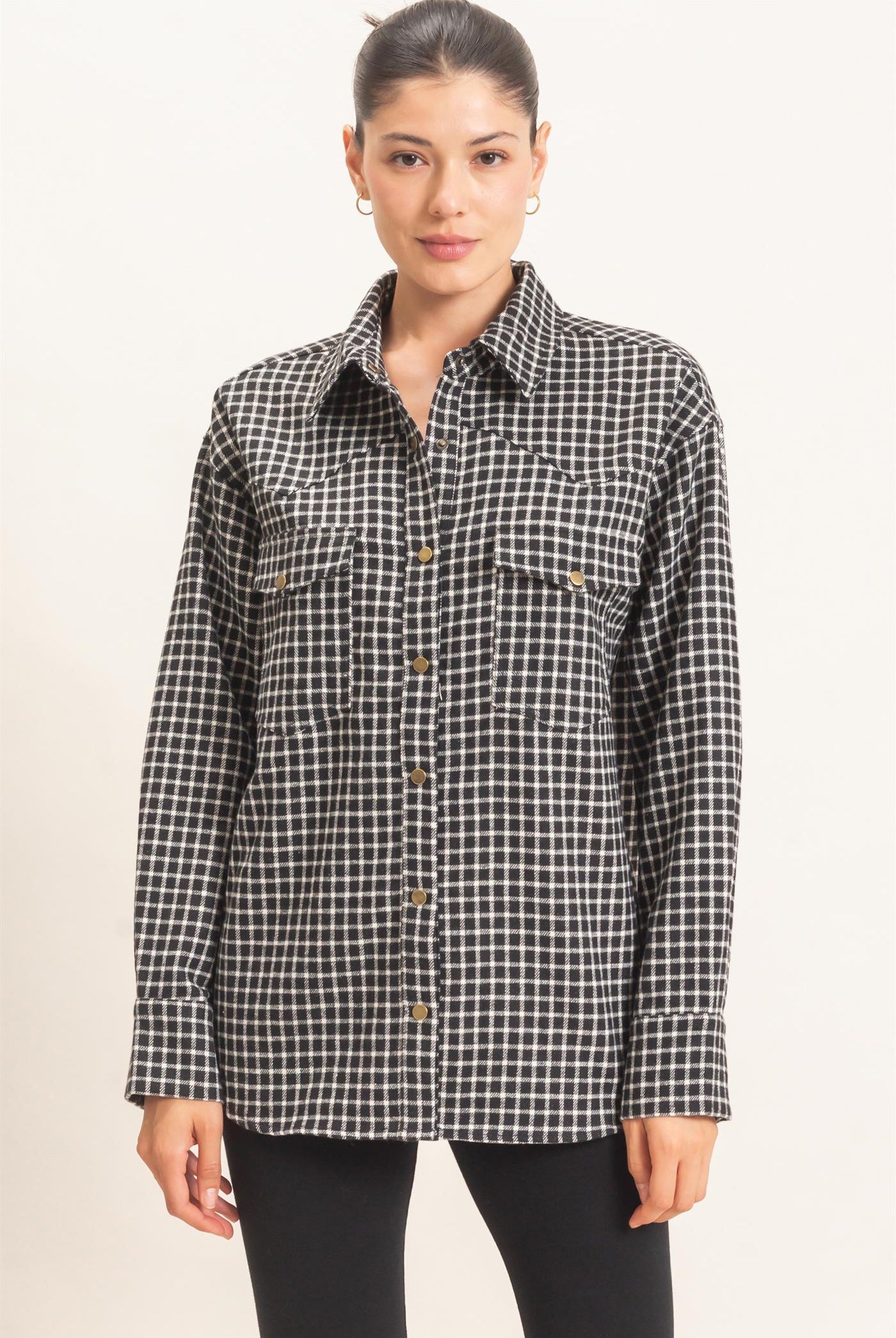 Wholesale Plaid Button-Up Shirt Clothing Tops HF25F450 BLACK HYFVE