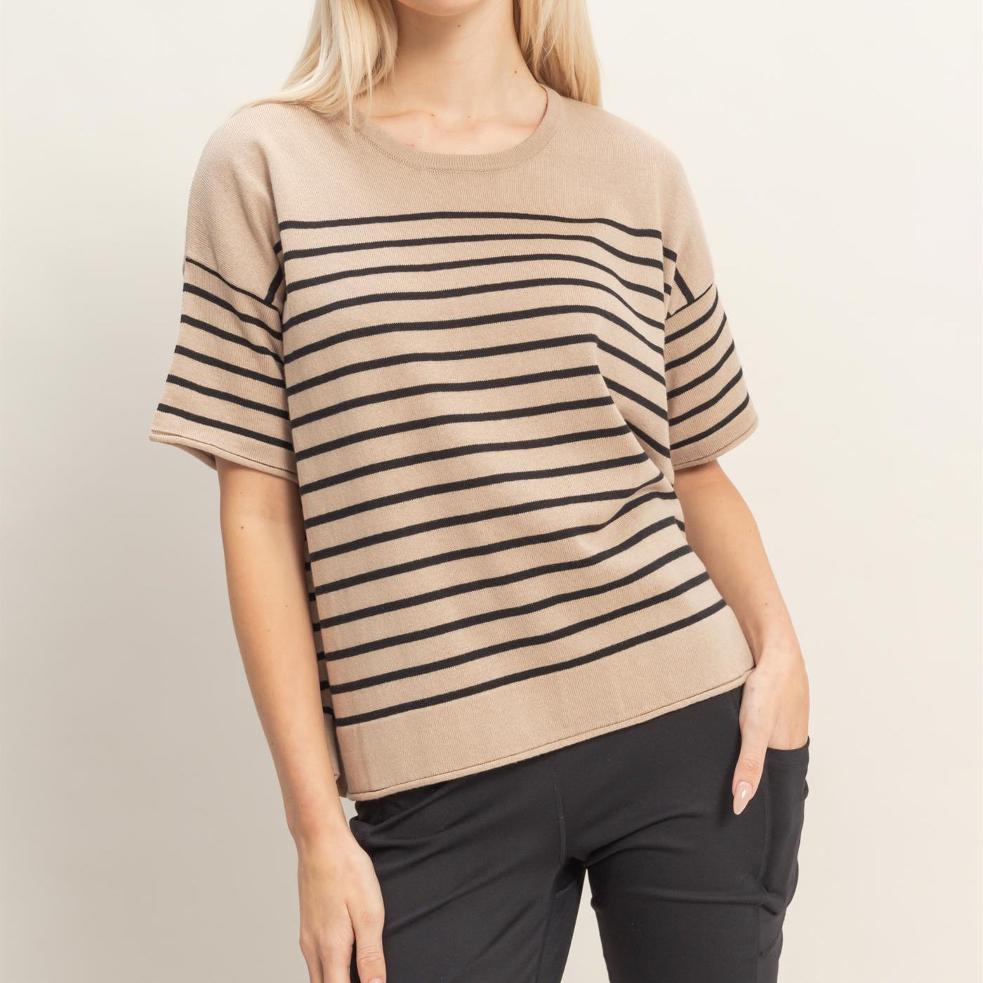 Wholesale Striped Short Sleeve Knit Top Clothing Tops DZ26A838 DARK TAUPE DOUBLE ZERO