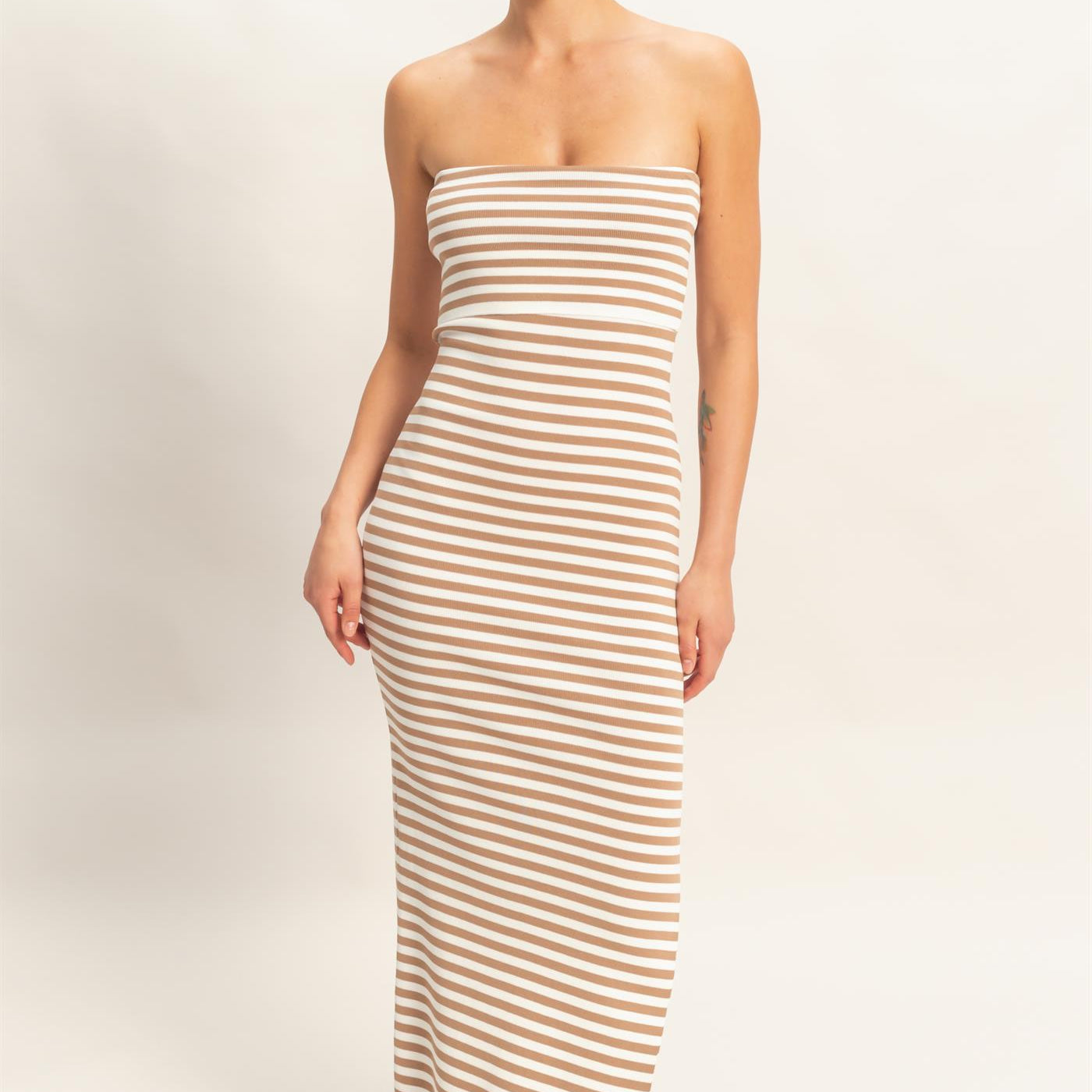 Wholesale Strapless Striped Bodycon Midi Dress Dresses DZ26C336 TAUPE DOUBLE ZERO