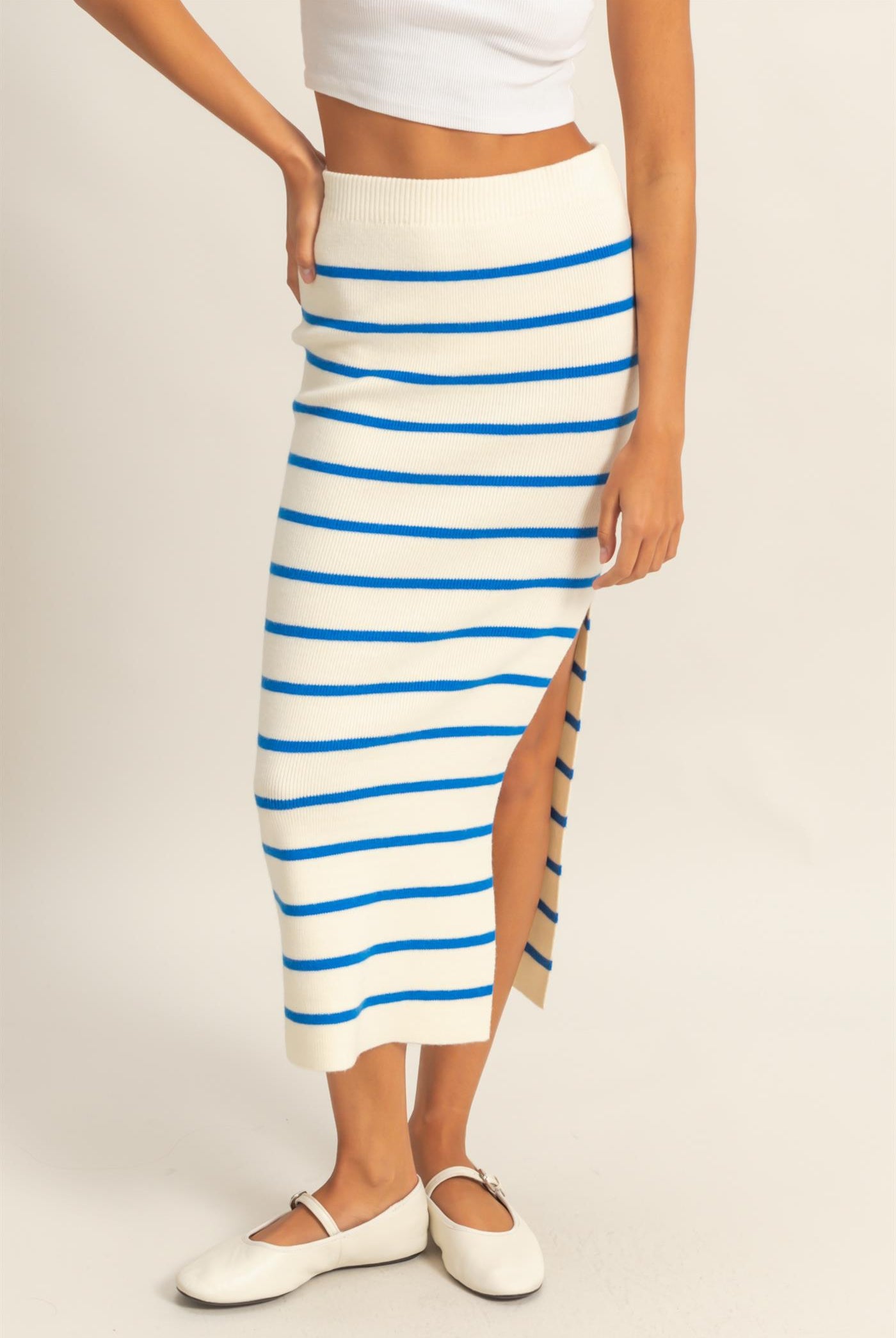 Wholesale Striped High Waist Bodycon Sweater Skirt Skirts DZ25A637 BLUE/CREAM DOUBLE ZERO