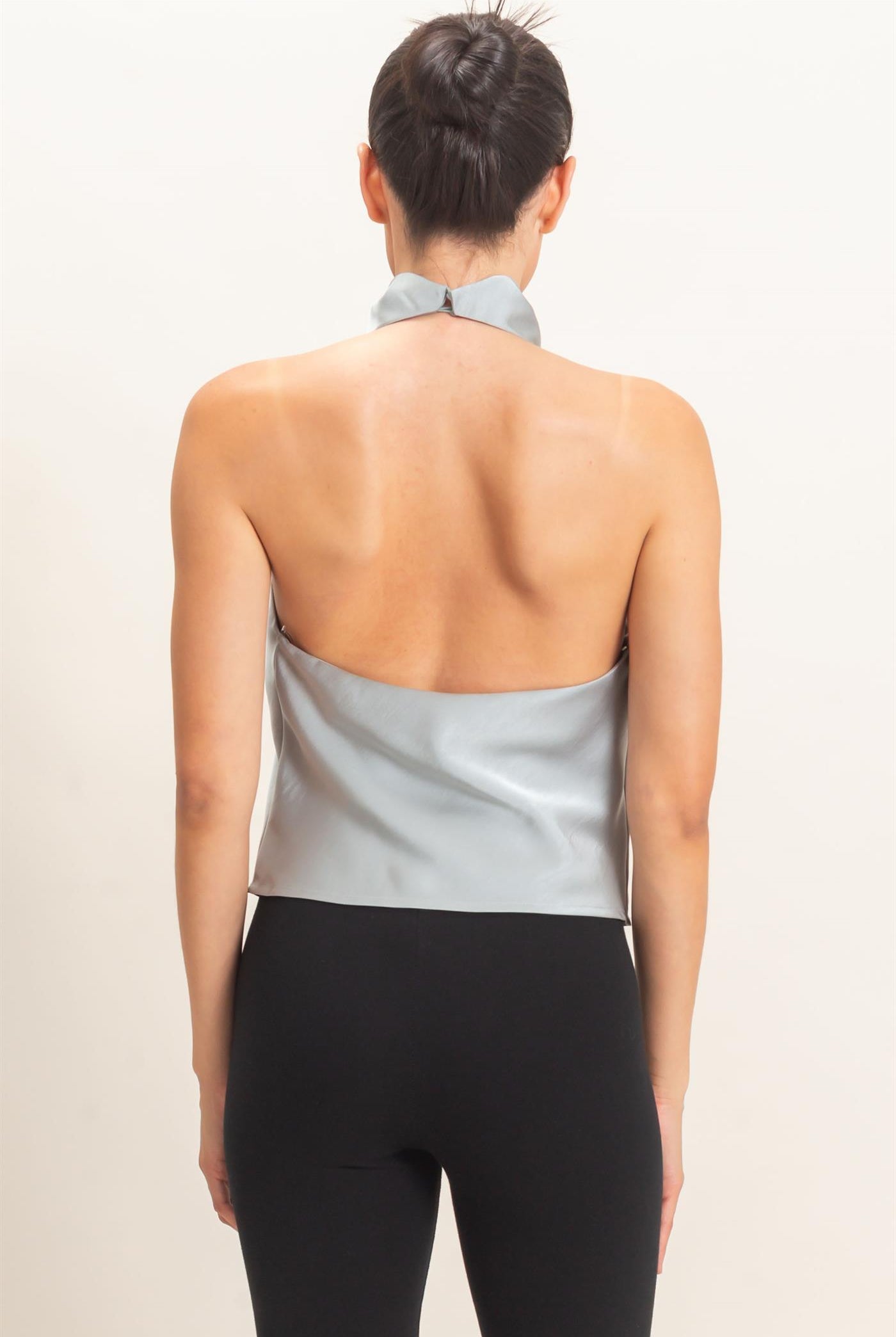 Wholesale Draped Halter Satin Top Blouses HF26E632 MISTY BLUE HYFVE
