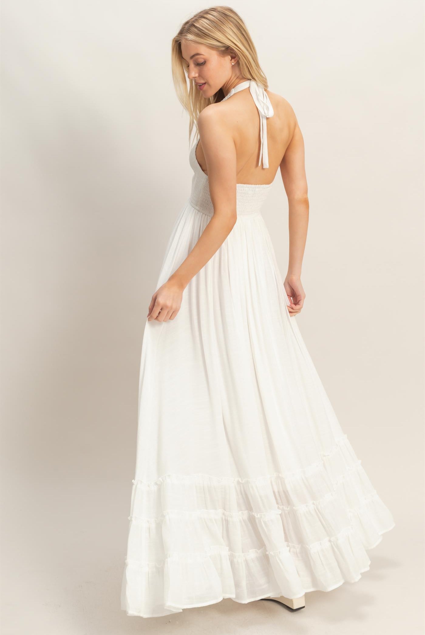 Wholesale Halter Neck Smocked Maxi Dress Dresses HF26C287-D WHITE HYFVE