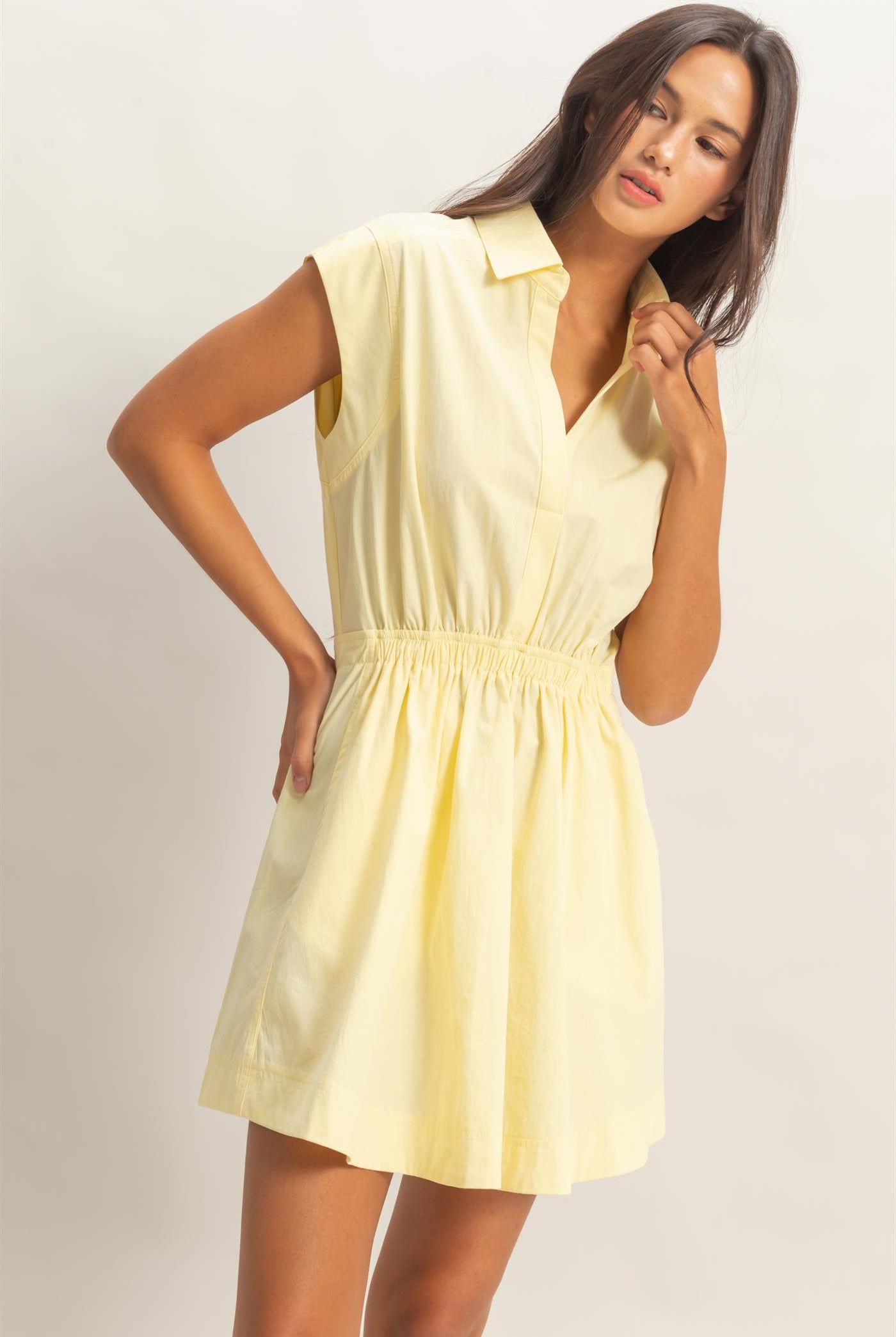 Wholesale Sleeveless Collared Shirred Mini Dress Dresses DZ26A751 PALE YELLOW DOUBLE ZERO
