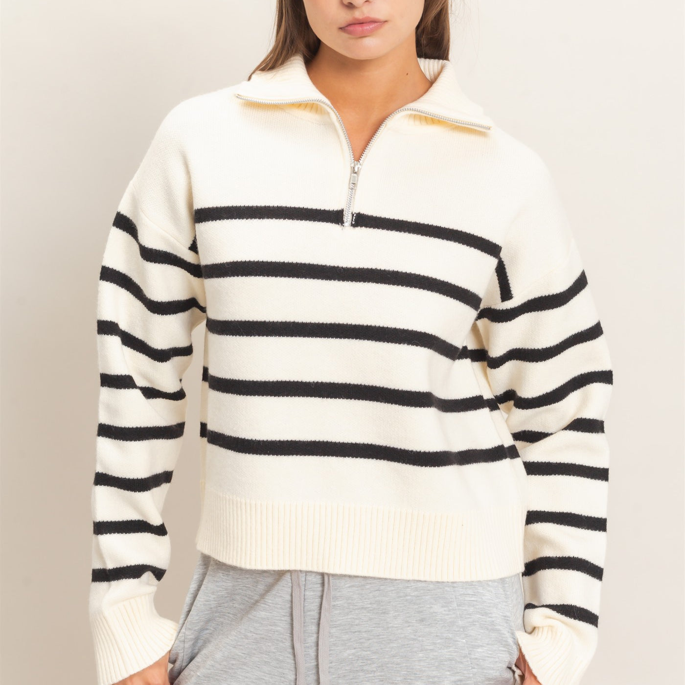Wholesale Half-Zip Collared Stripe Sweater Sweaters DZ26E950 CREAM DOUBLE ZERO