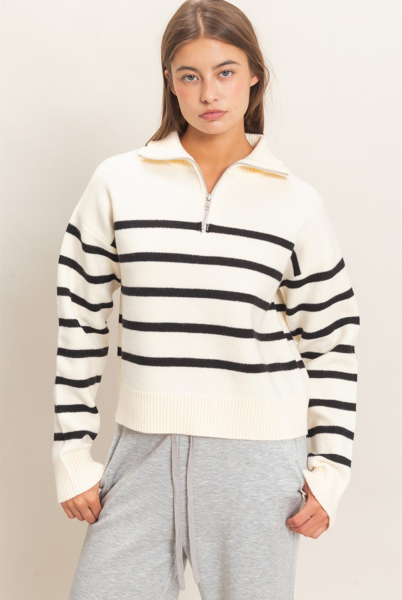 Wholesale Half-Zip Collared Stripe Sweater Sweaters DZ26E950 CREAM DOUBLE ZERO