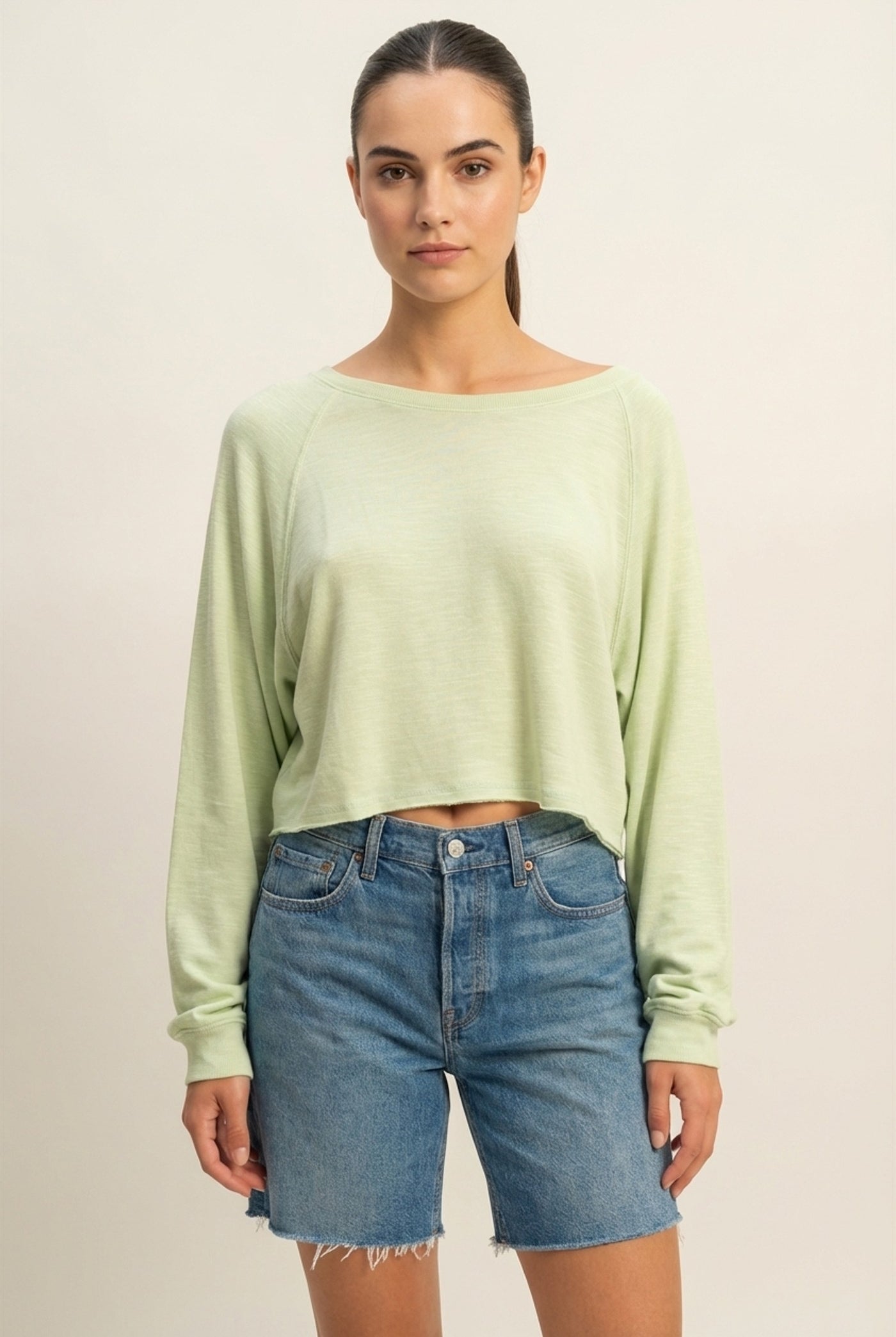 Wholesale Long Sleeve Round Neck Top Clothing Tops DZ22E691 PASTEL GREEN DOUBLE ZERO
