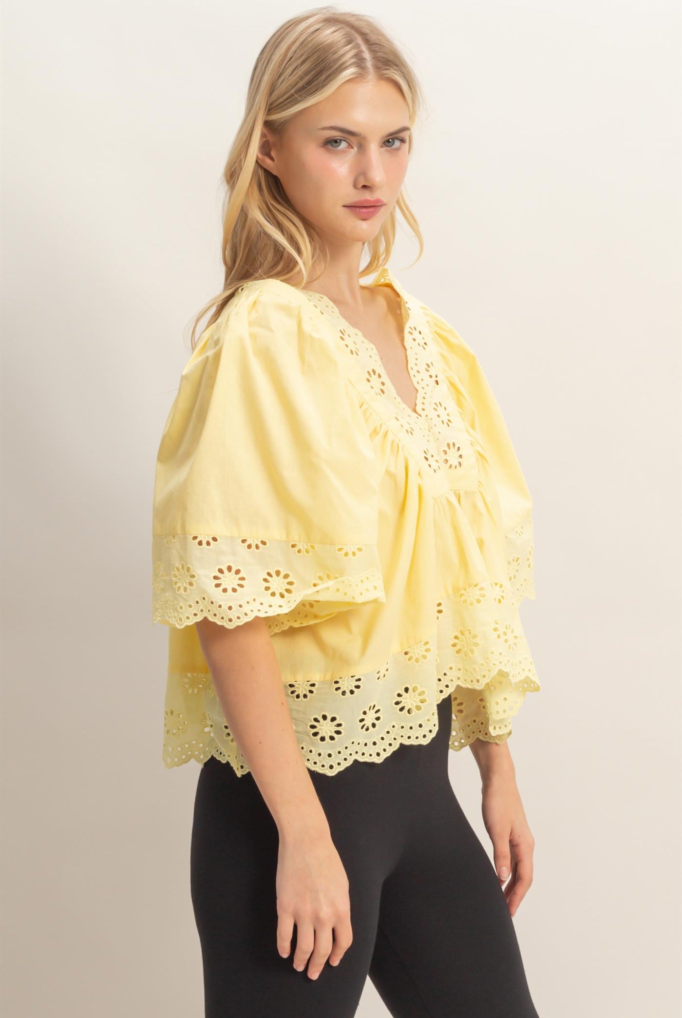 Wholesale Scalloped Eyelet Babydoll Top Clothing Tops HF26C293 YELLOW HYFVE