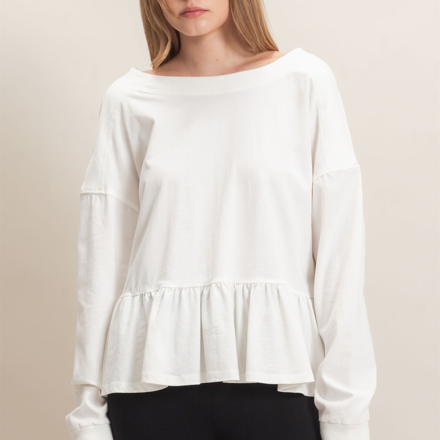 Wholesale Ruffled Hem Long Sleeve Top Clothing Tops HF26E065 OFF WHITE HYFVE