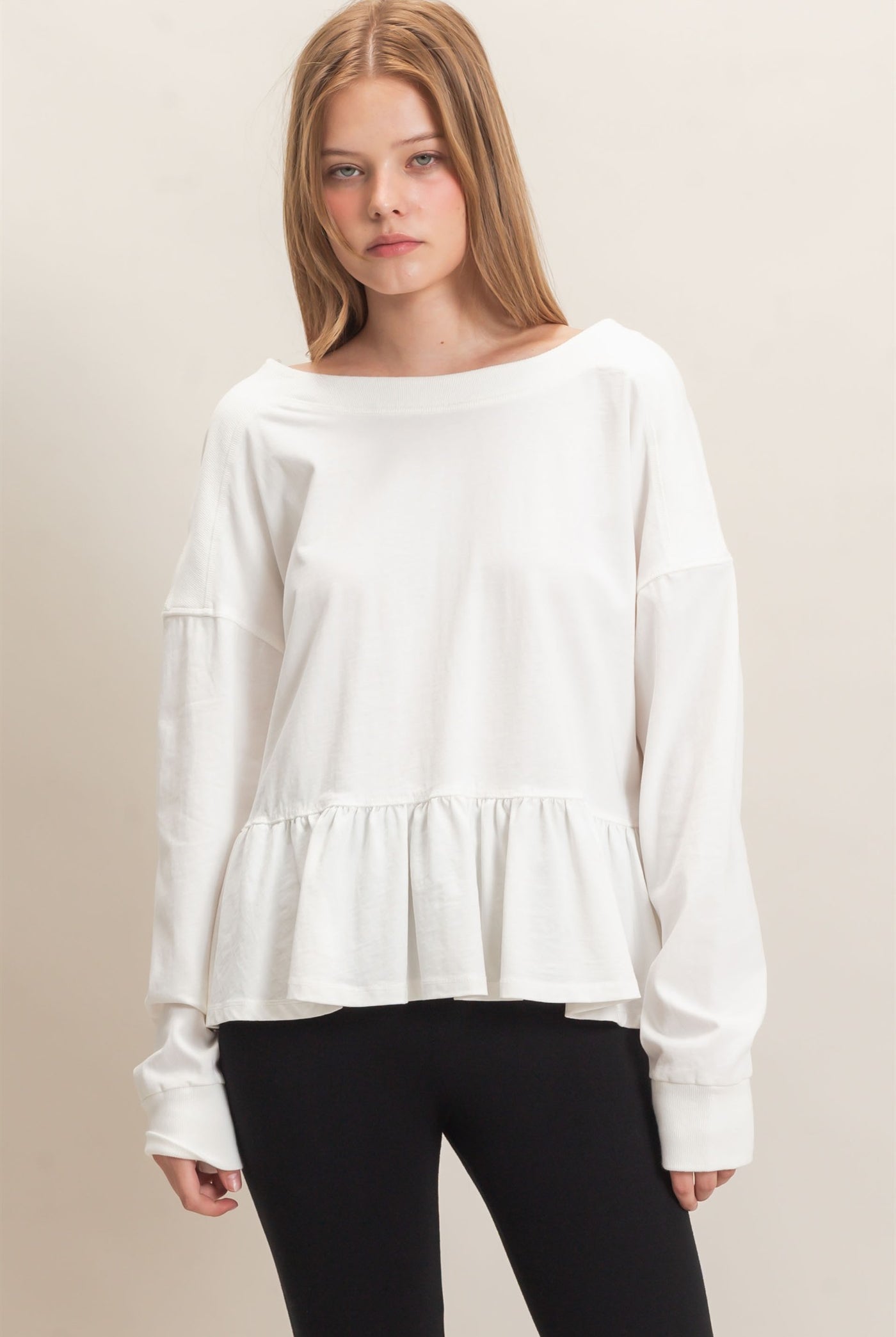 Wholesale Ruffled Hem Long Sleeve Top Clothing Tops HF26E065 OFF WHITE HYFVE