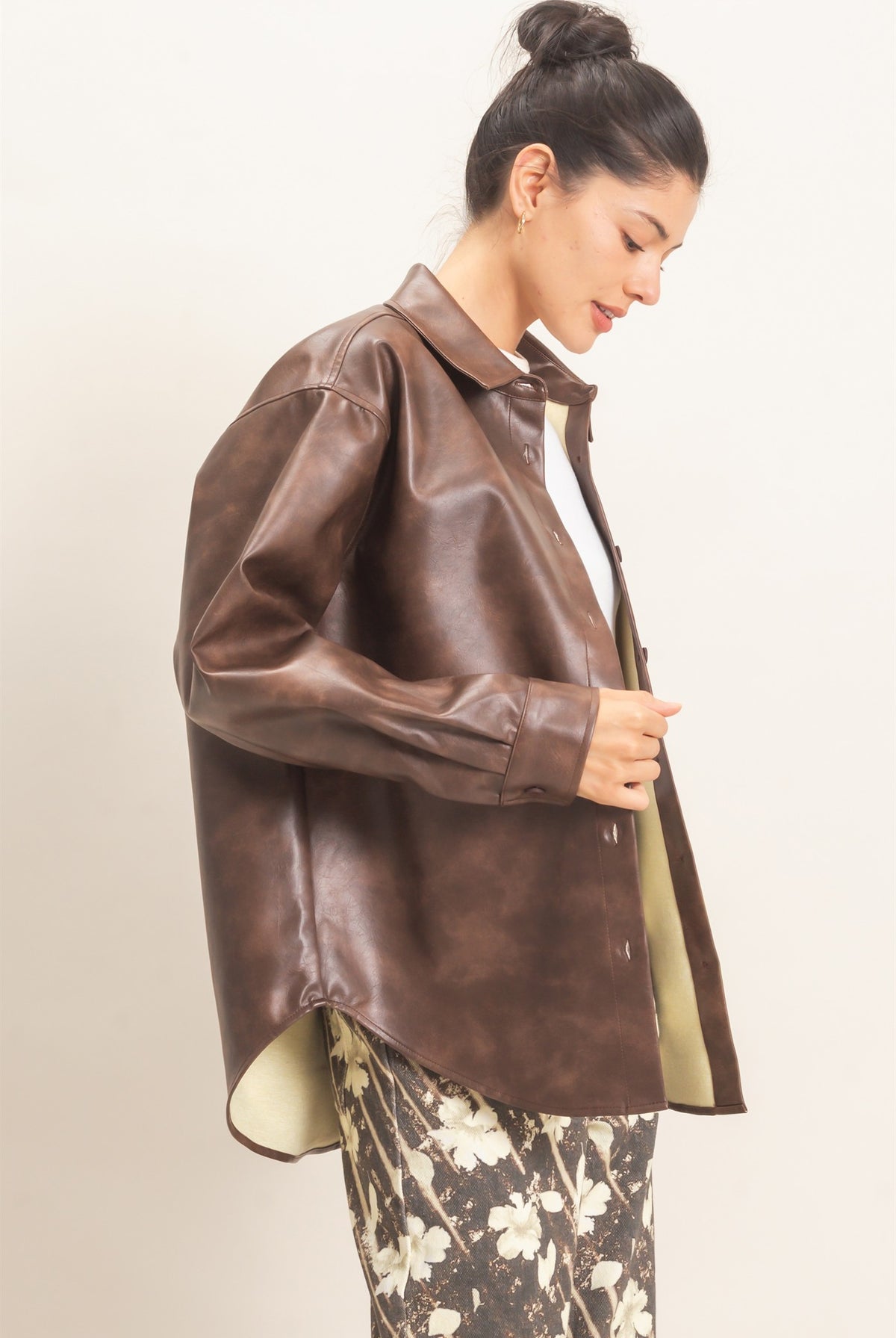 Wholesale Faux Leather Button-Down Shirt Clothing Tops HF26E236 BROWN HYFVE