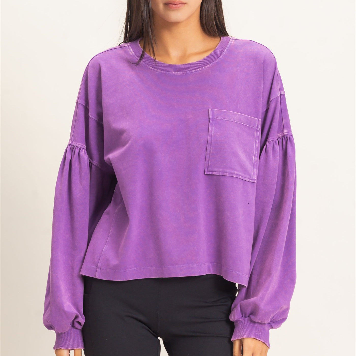 Wholesale Mineral Wash Puff Long Sleeve Boxy Top Clothing Tops DZ26F402 PLUM DOUBLE ZERO