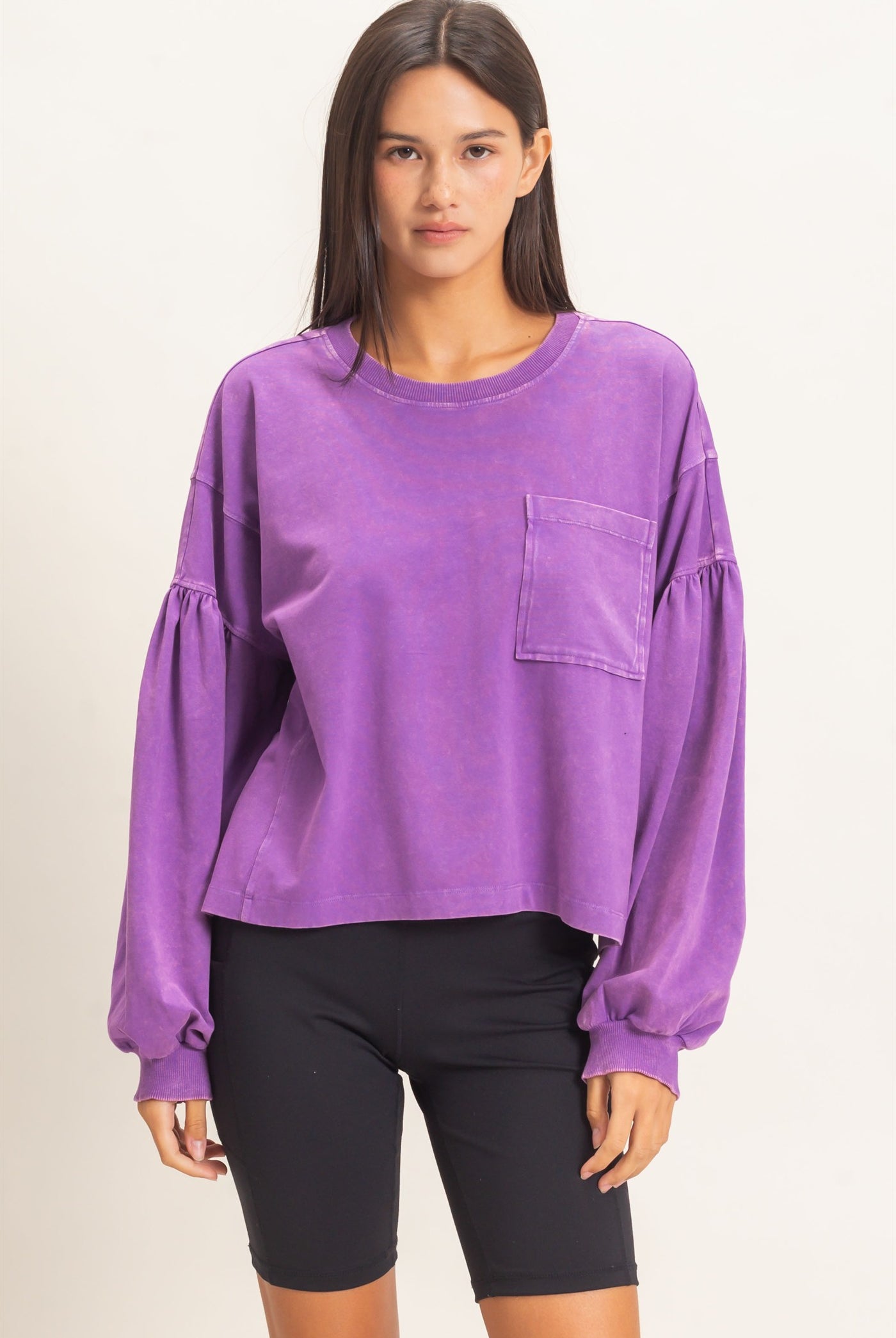 Wholesale Mineral Wash Puff Long Sleeve Boxy Top Clothing Tops DZ26F402 PLUM DOUBLE ZERO