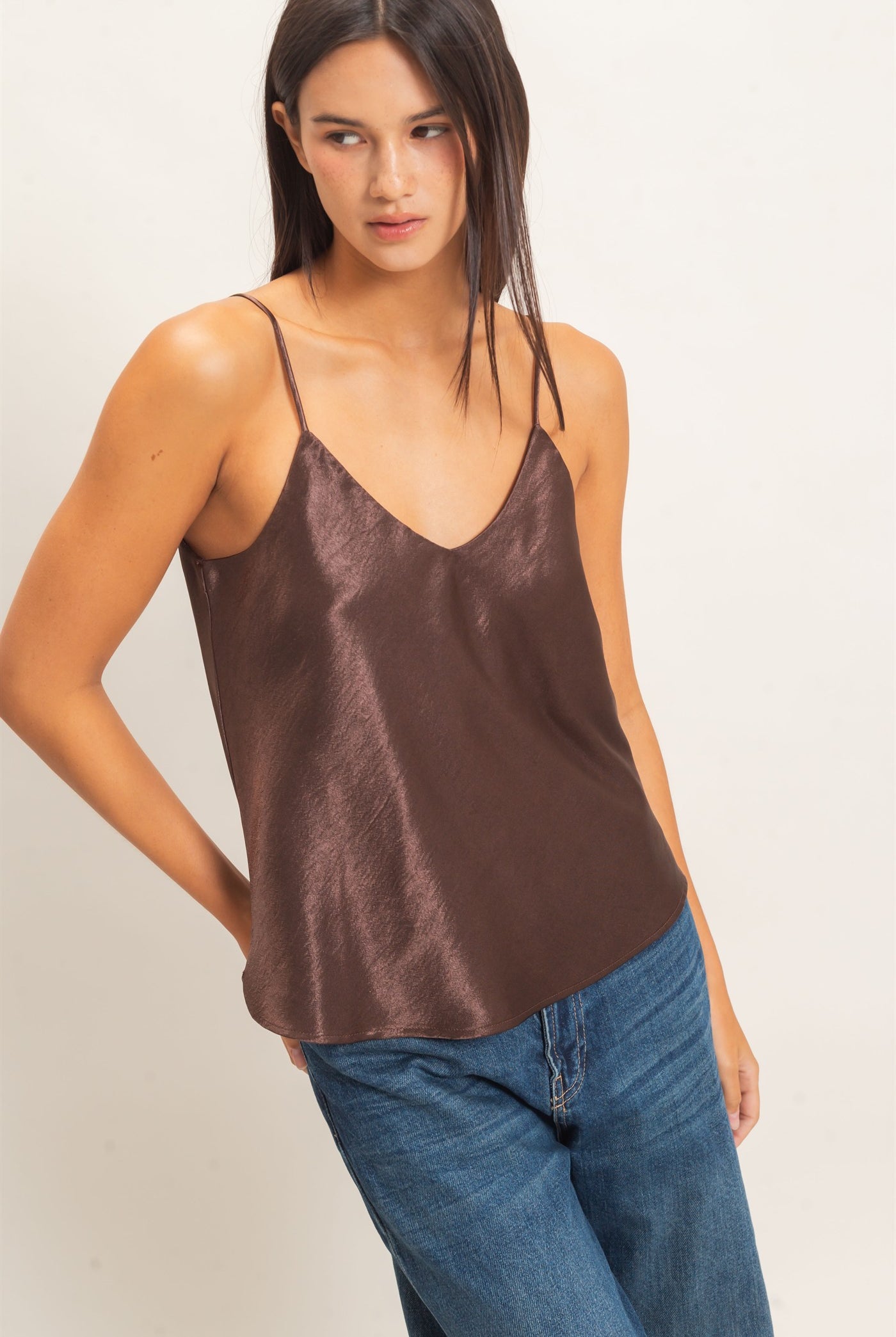 Wholesale V-Neck Satin Cami Top Camisoles DZ26C976 DARK BROWN DOUBLE ZERO