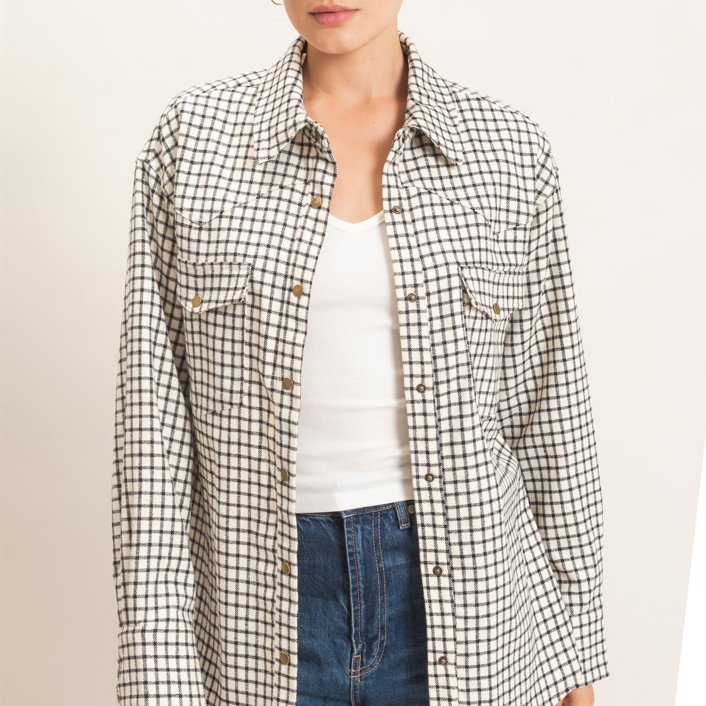 Wholesale Plaid Button-Up Shirt Clothing Tops HF25F450 WHITE HYFVE