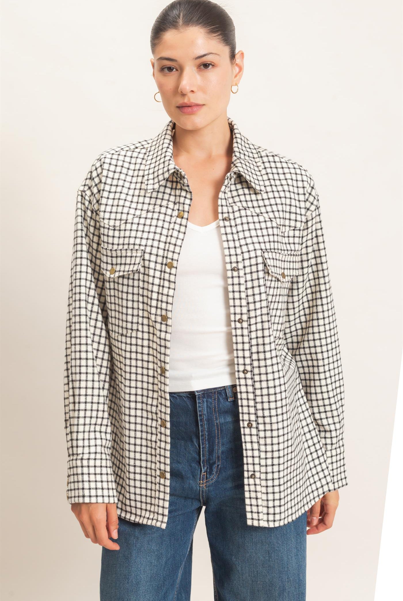 Wholesale Plaid Button-Up Shirt Clothing Tops HF25F450 WHITE HYFVE
