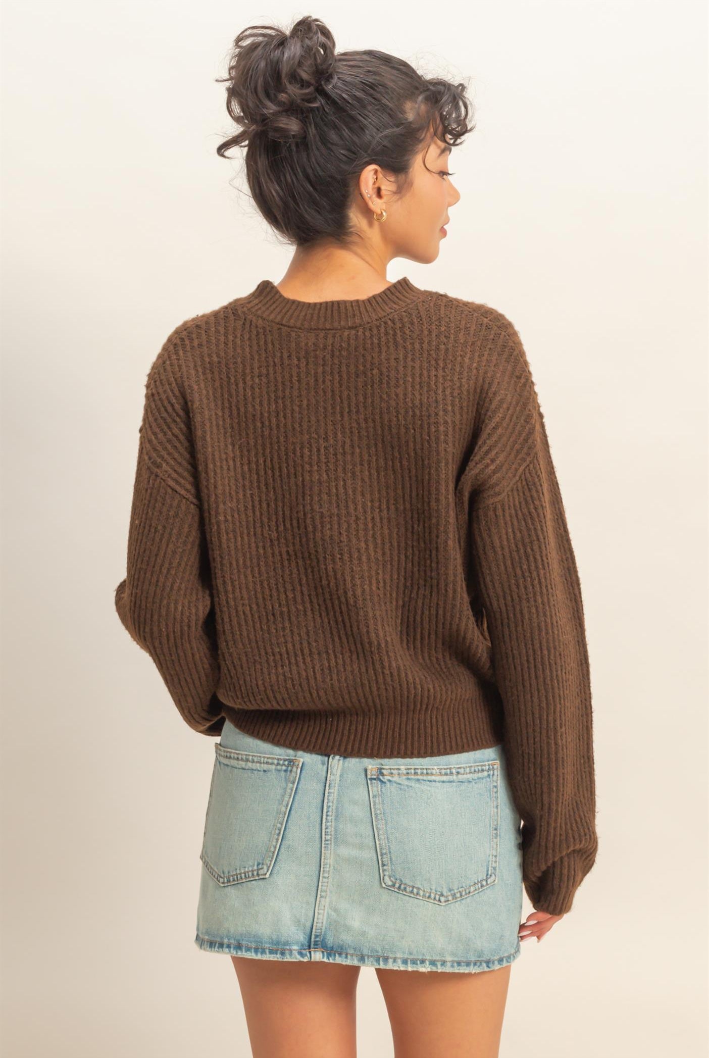 Wholesale Ribbed Crew Neck Sweater Sweaters DZ25F006 CHESTNUT DOUBLE ZERO