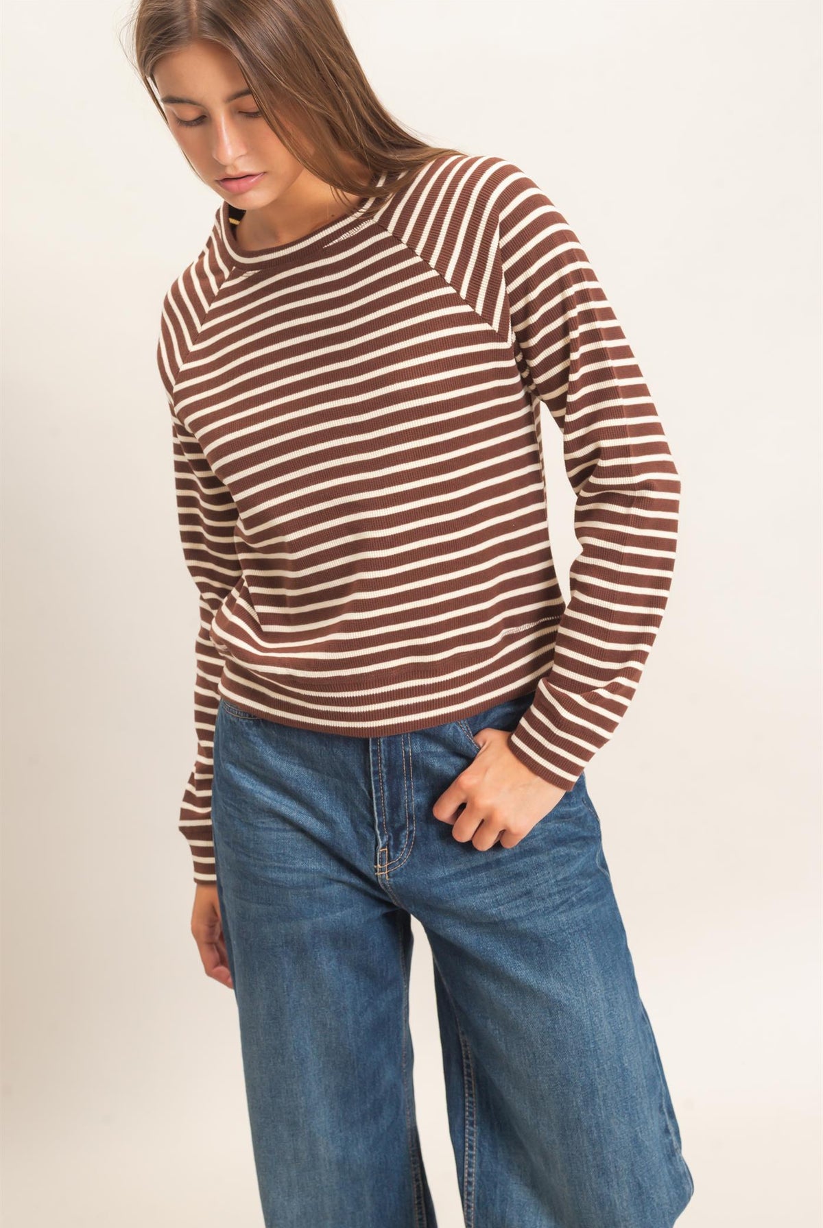 Wholesale Striped Waffle Knit Raglan Top Clothing Tops DZ26E450 DARK BROWN DOUBLE ZERO