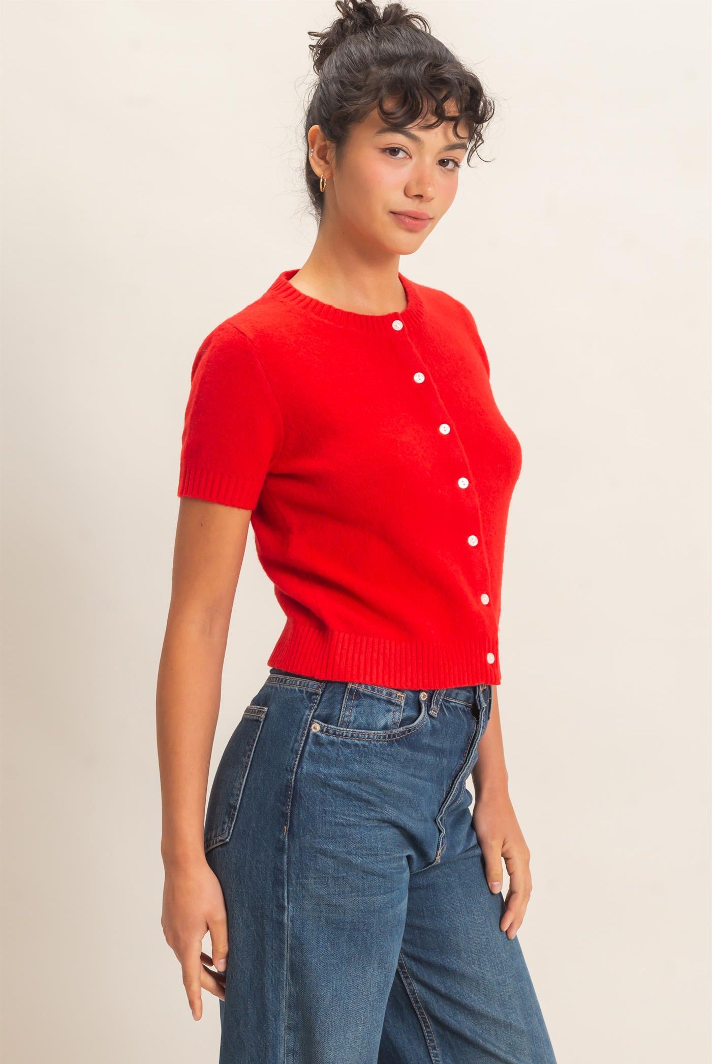 Wholesale Crew Neck Short Sleeve Cardigan Cardigans DZ26E108 RED DOUBLE ZERO
