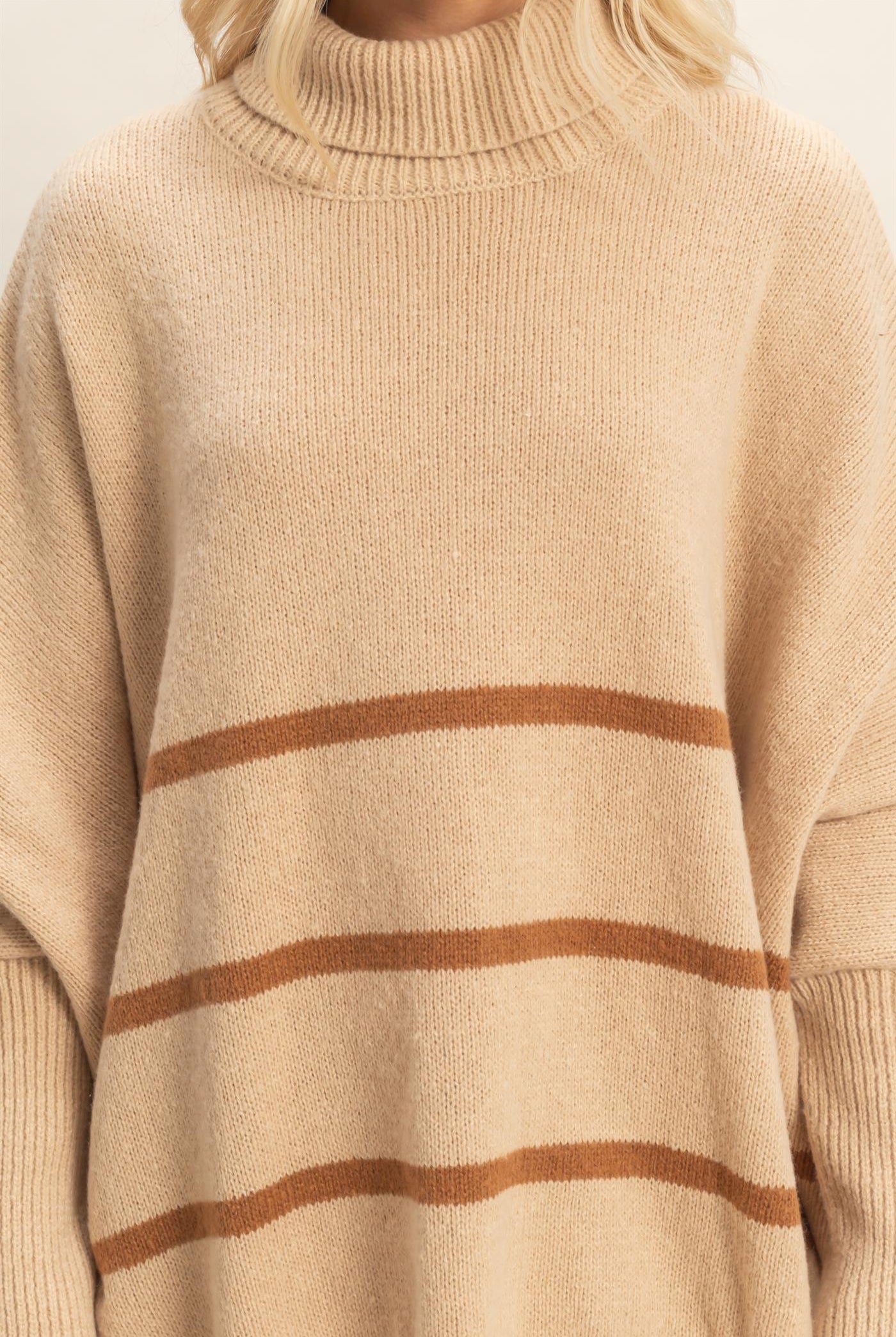 Wholesale Striped Turtle Neck Oversized Sweater Sweaters HF25F290 L.TAUPE HYFVE