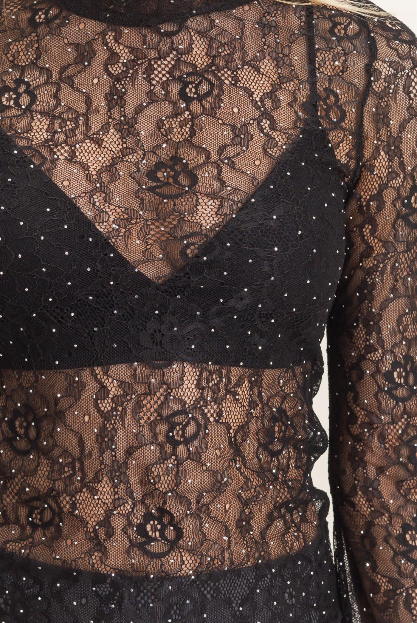 Wholesale Sheer Lace Gem-Embellished Top Clothing Tops HF26F055 BLACK HYFVE