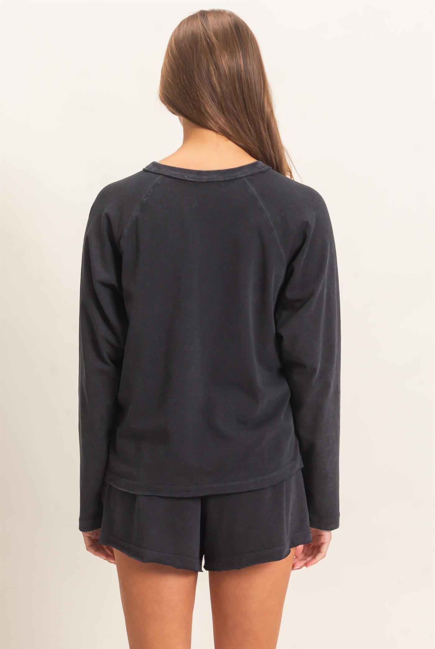 Wholesale Mineral Wash Long Sleeve Raw Edge Top & Shorts Set Clothing DZ26F403-SET BLACK DOUBLE ZERO