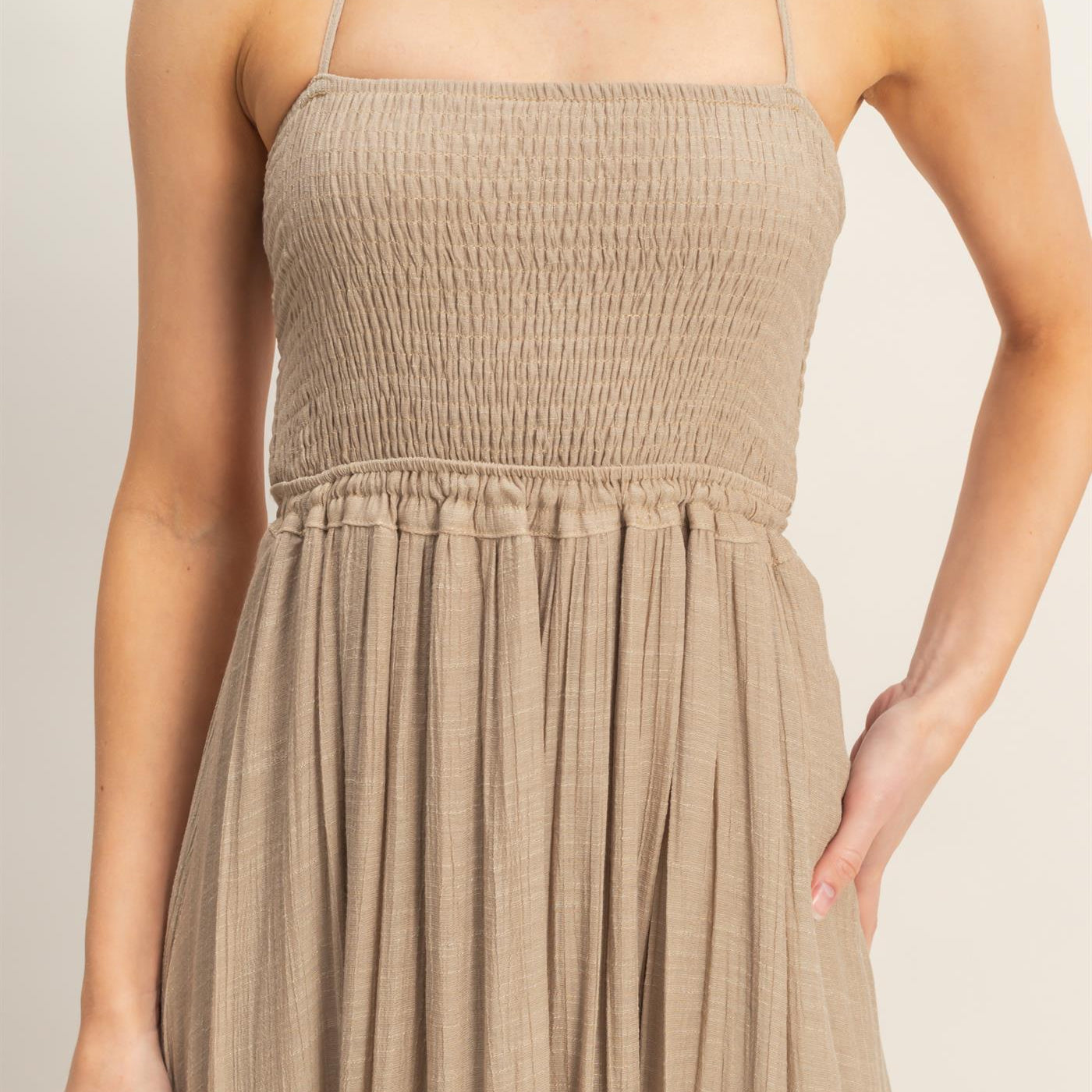 Wholesale Smocked Halter Maxi Dress Dresses HF26C290-D TAUPE HYFVE