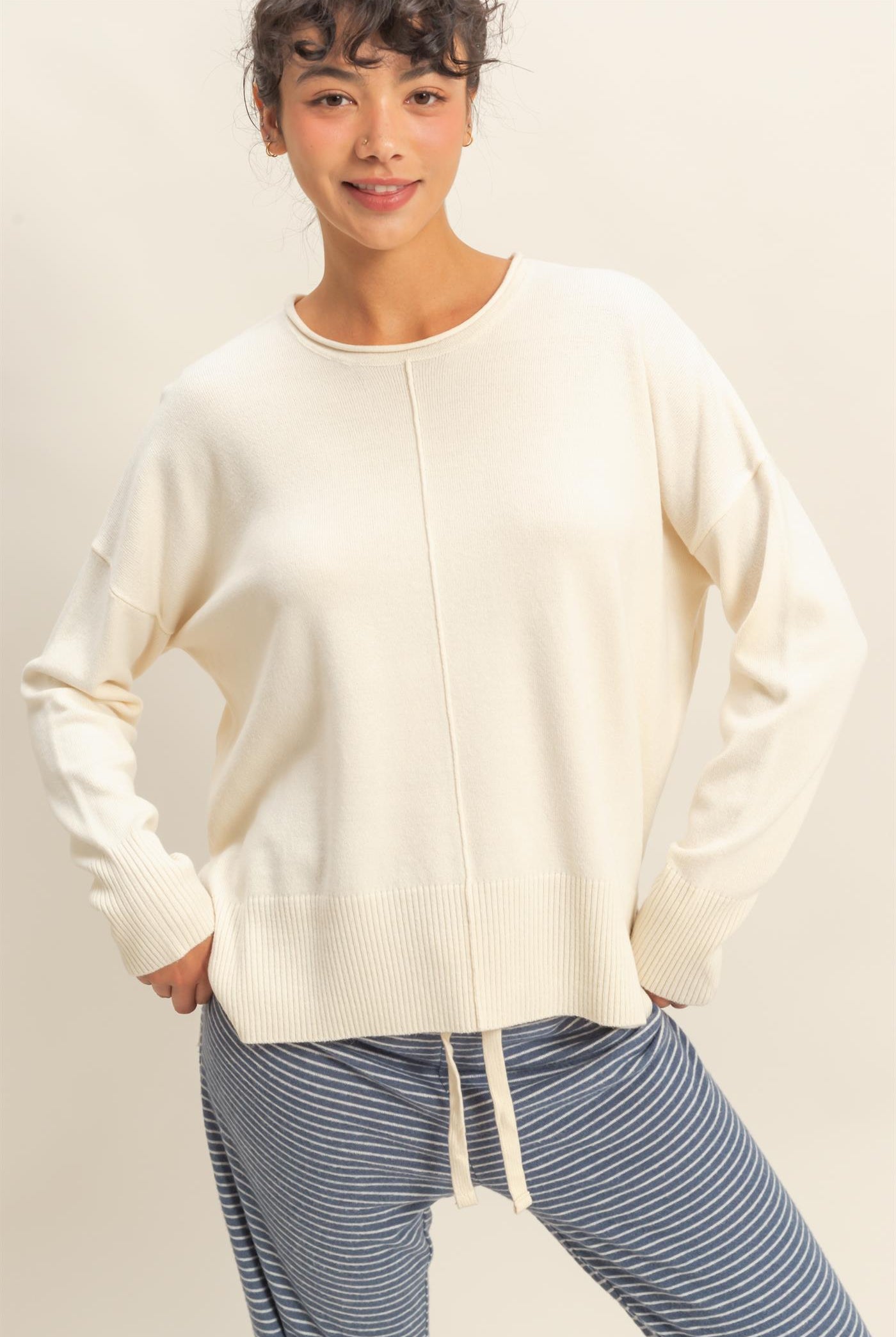Wholesale Not A Player Roll Neck Drop Shoulder Sweater Sweaters DZ25C938 CREAM DOUBLE ZERO