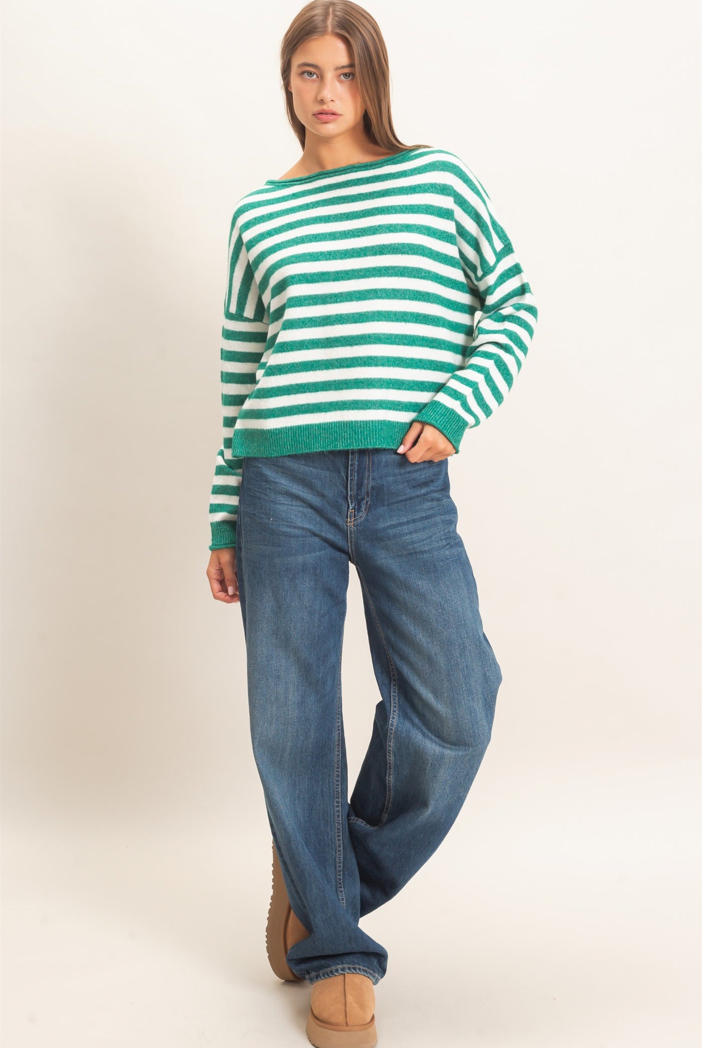 Wholesale Off The Shoulder Striped Sweater Sweaters DZ26E653 EMERALD DOUBLE ZERO