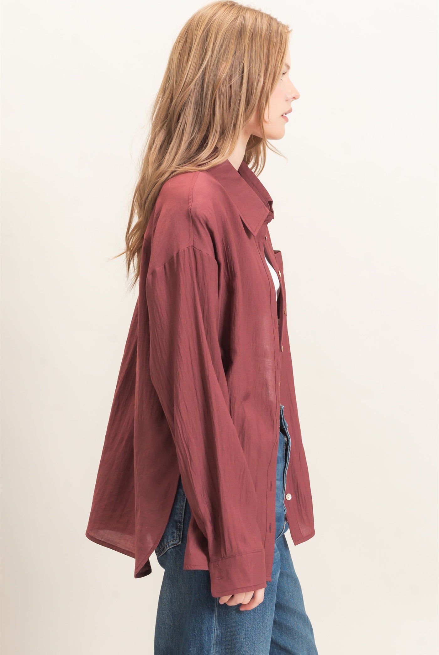 Wholesale Crinkled Button-Up Shirt Clothing Tops HF26E691 MAROON HYFVE