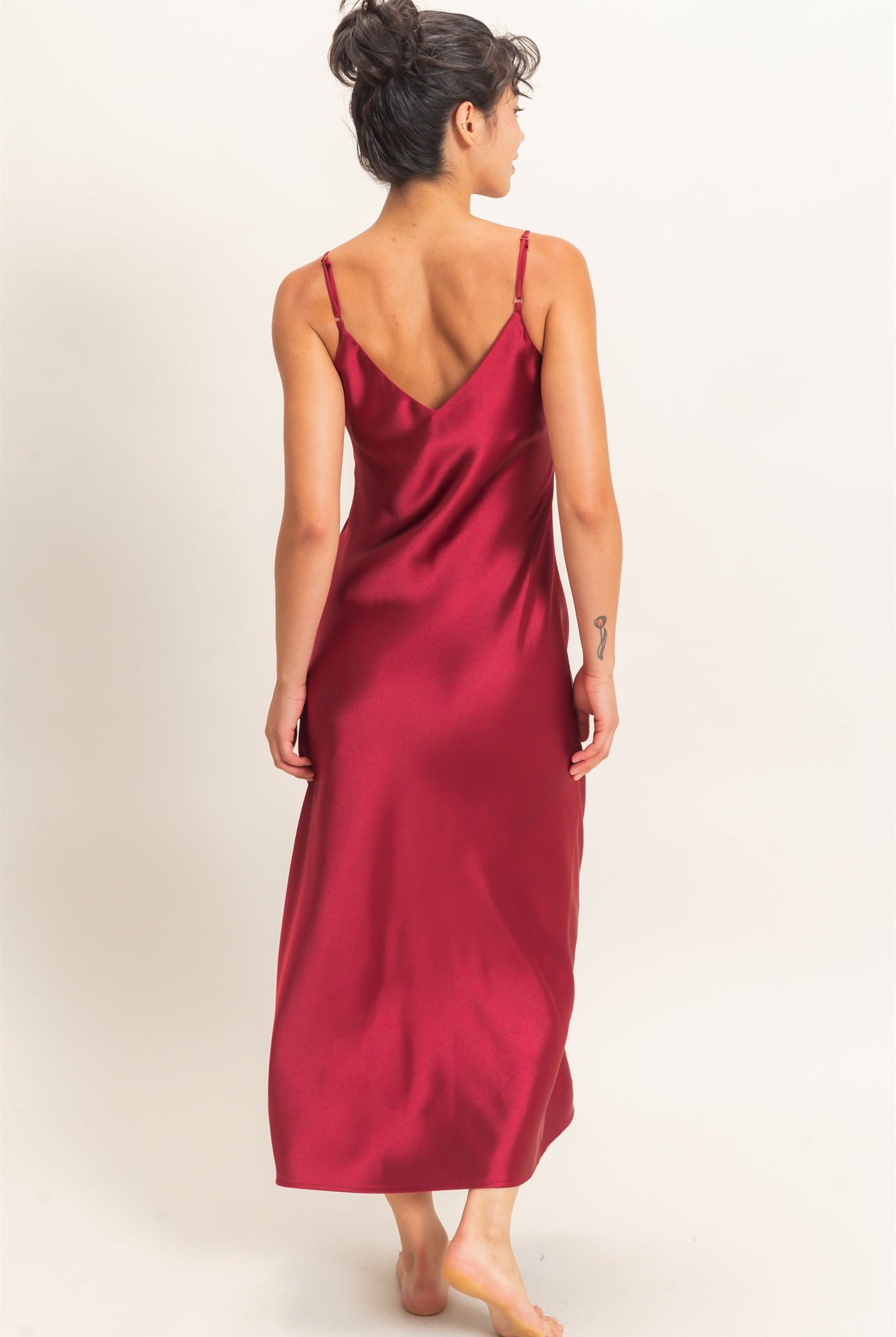Wholesale Satin V-Neck Slip Dress Dresses DZ26E262 BURGUNDY DOUBLE ZERO