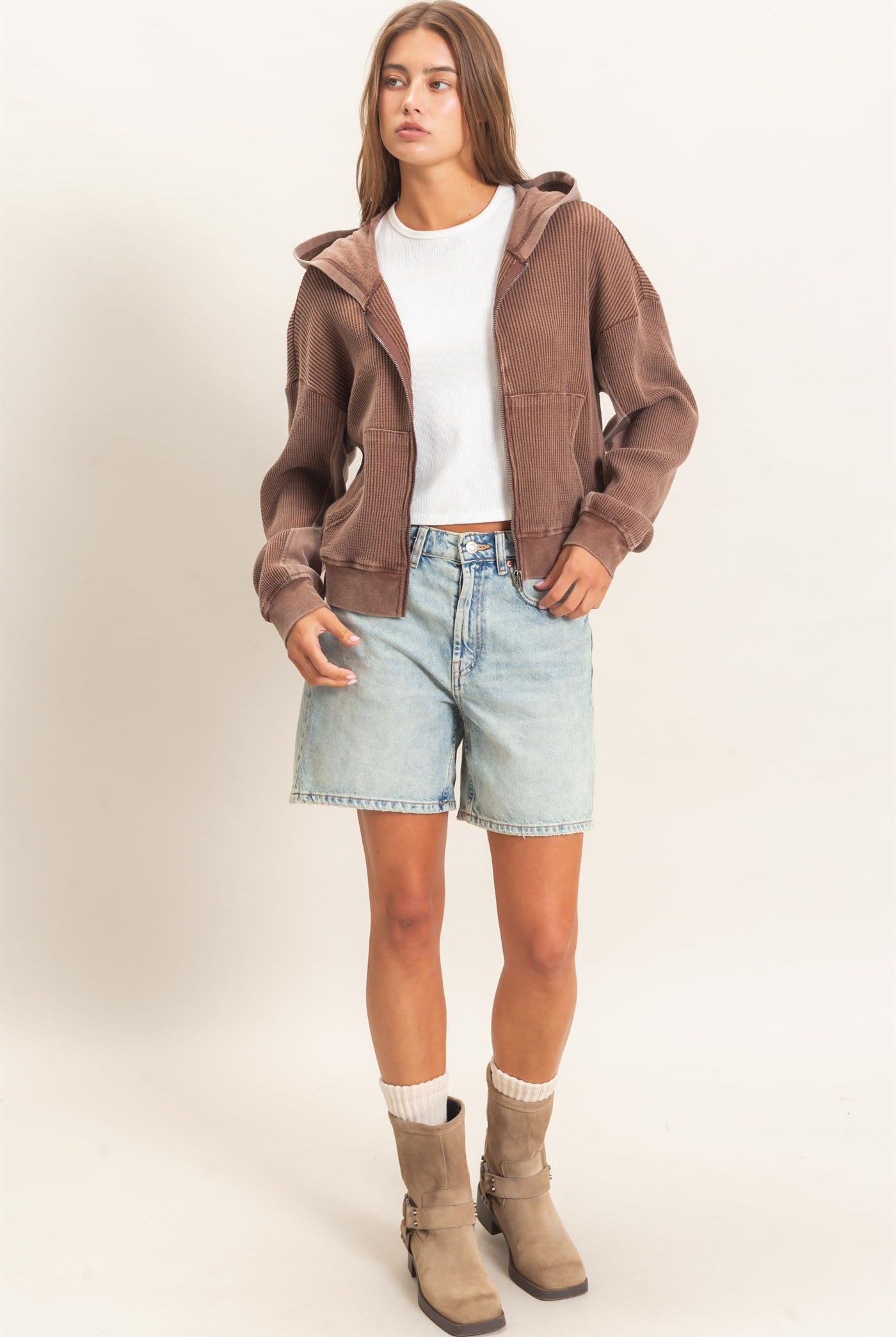Wholesale Acid Wash Waffle Knit Zip-Up Hoodie Hoodies DZ26E401 DARK BROWN DOUBLE ZERO