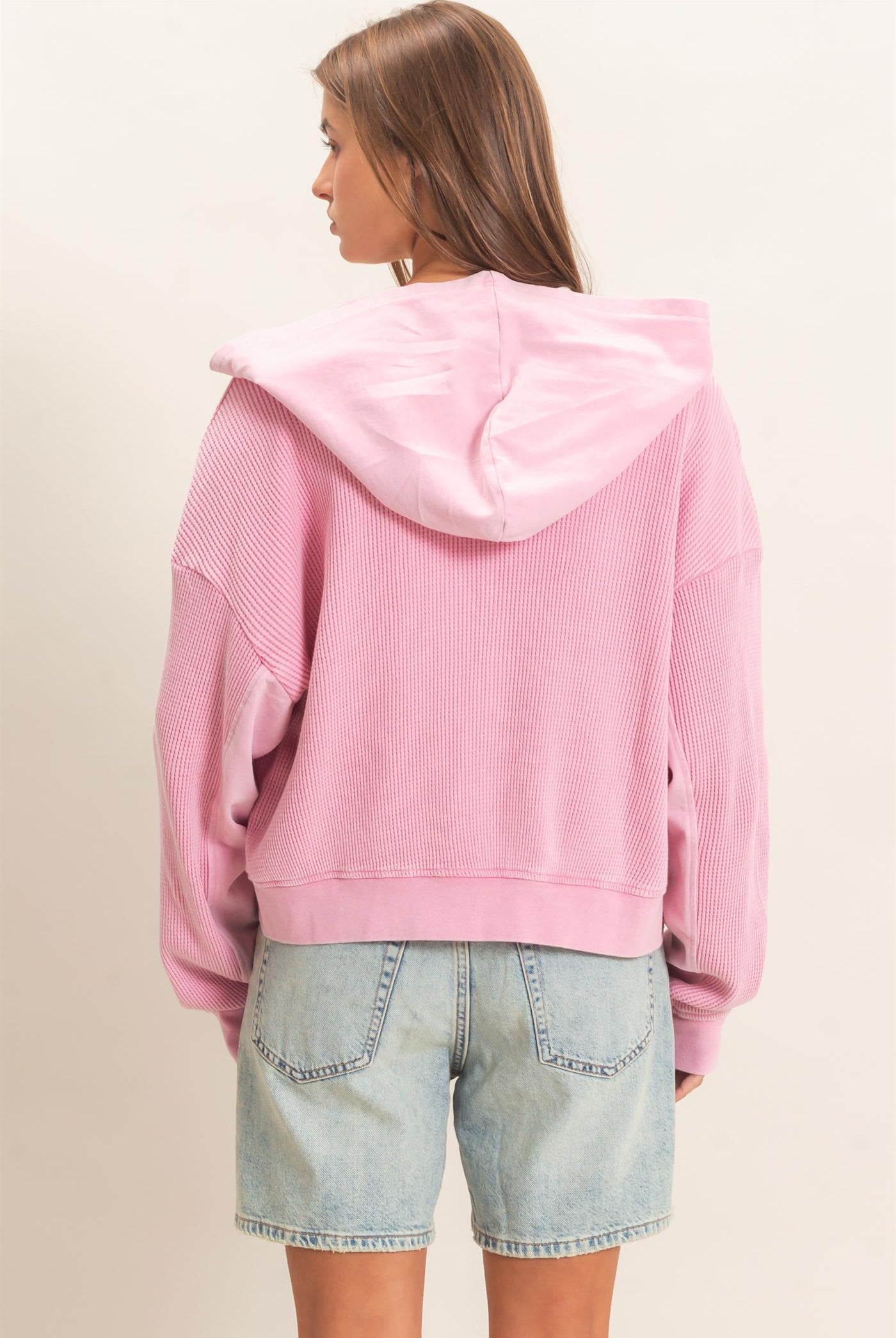 Wholesale Acid Wash Waffle Knit Zip-Up Hoodie Hoodies DZ26E401 PINK DOUBLE ZERO