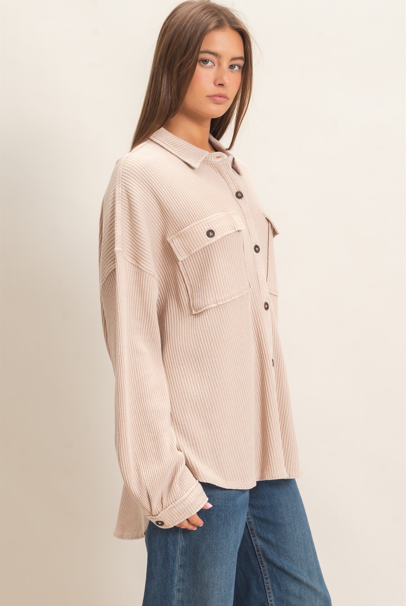 Wholesale Mineral Wash Waffle Knit Button-Up Shacket Coats & Jackets DZ26E249 DARK TAUPE DOUBLE ZERO