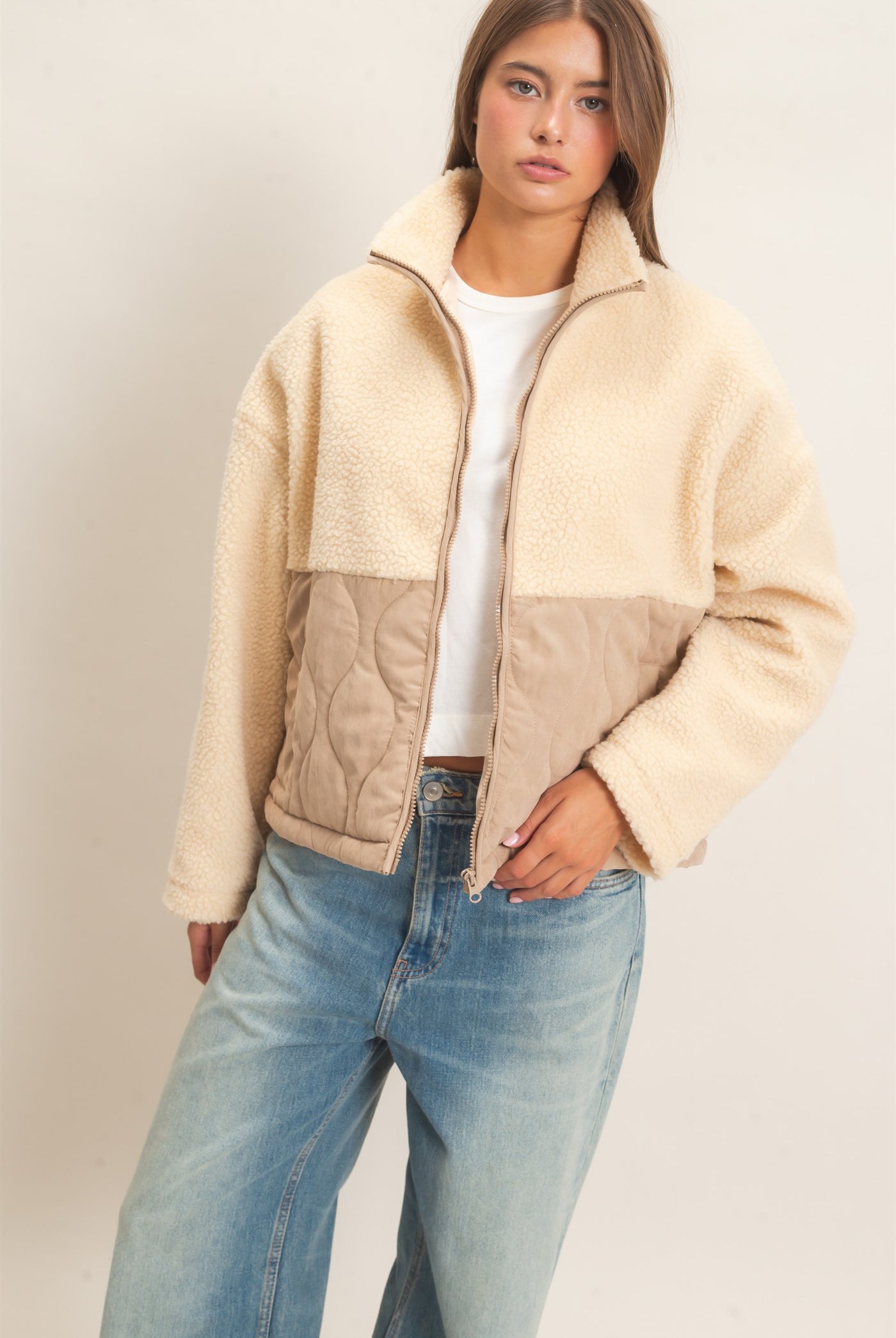 Wholesale Quilted Sherpa Zip Up Jacket Coats & Jackets DZ26F259 TAUPE DOUBLE ZERO