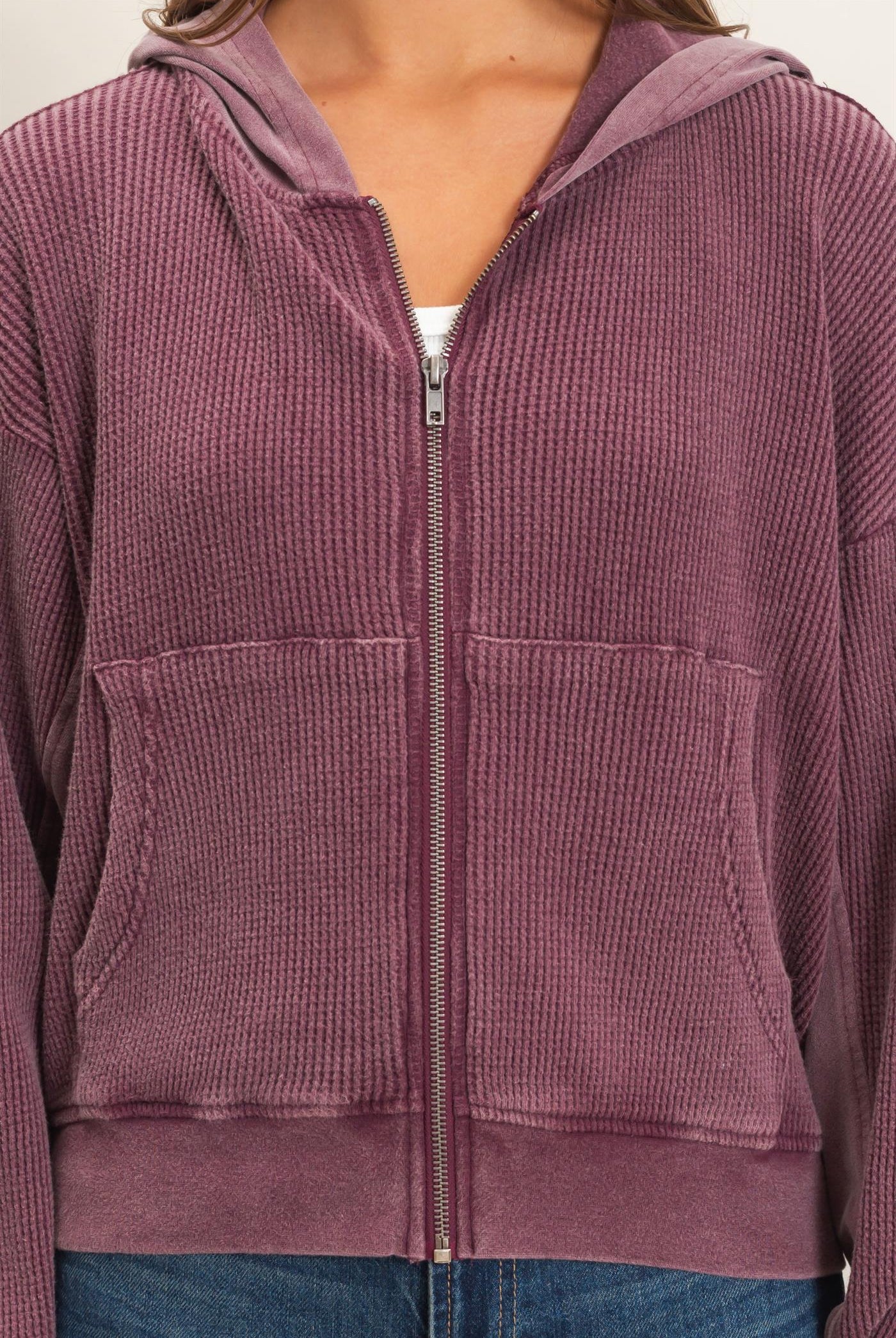 Wholesale Acid Wash Waffle Knit Zip-Up Hoodie Hoodies DZ26E401 DARK CHERRY DOUBLE ZERO