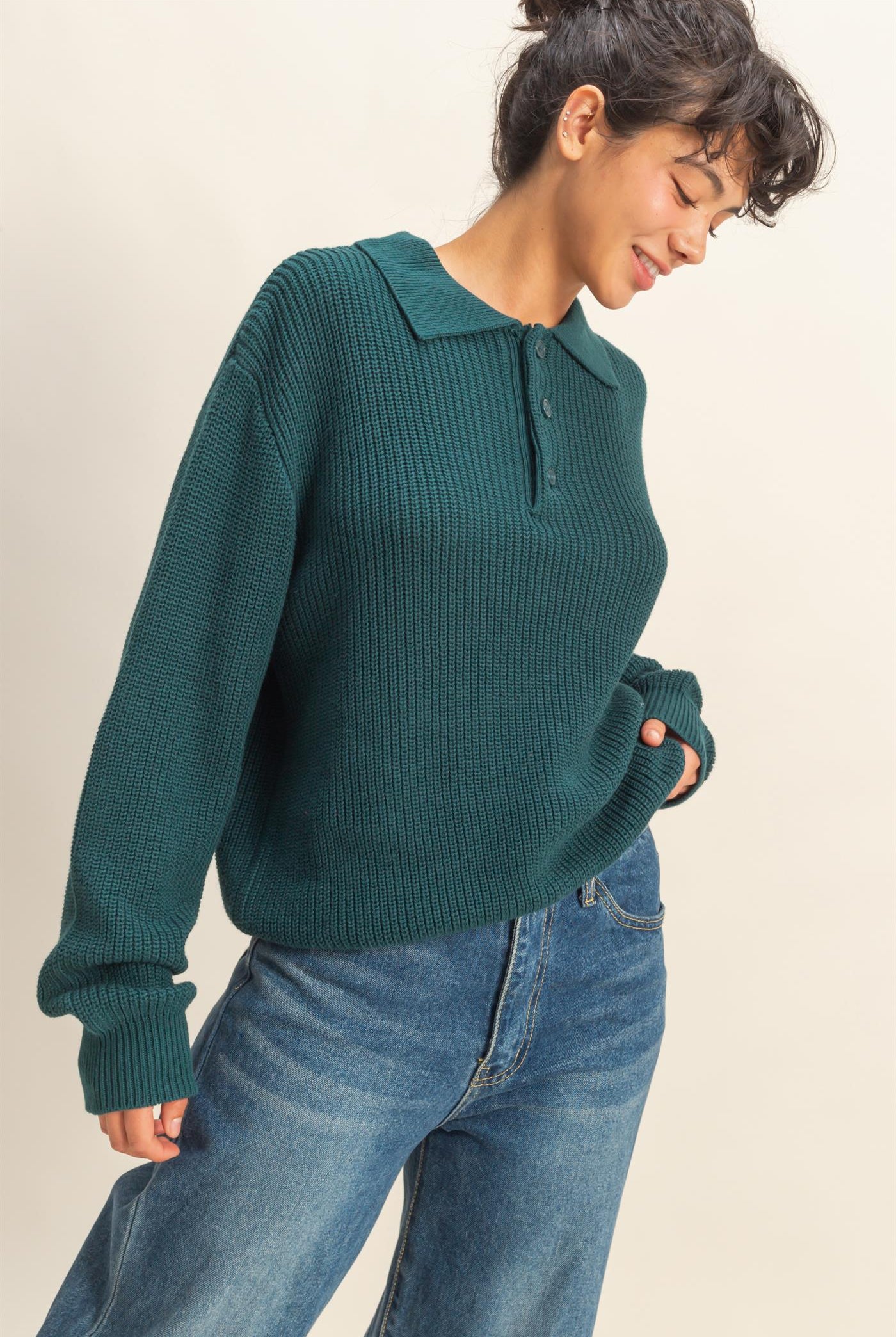 Wholesale Oversized Collar Sweater Sweaters DZ25E823 DEEP GREEN DOUBLE ZERO