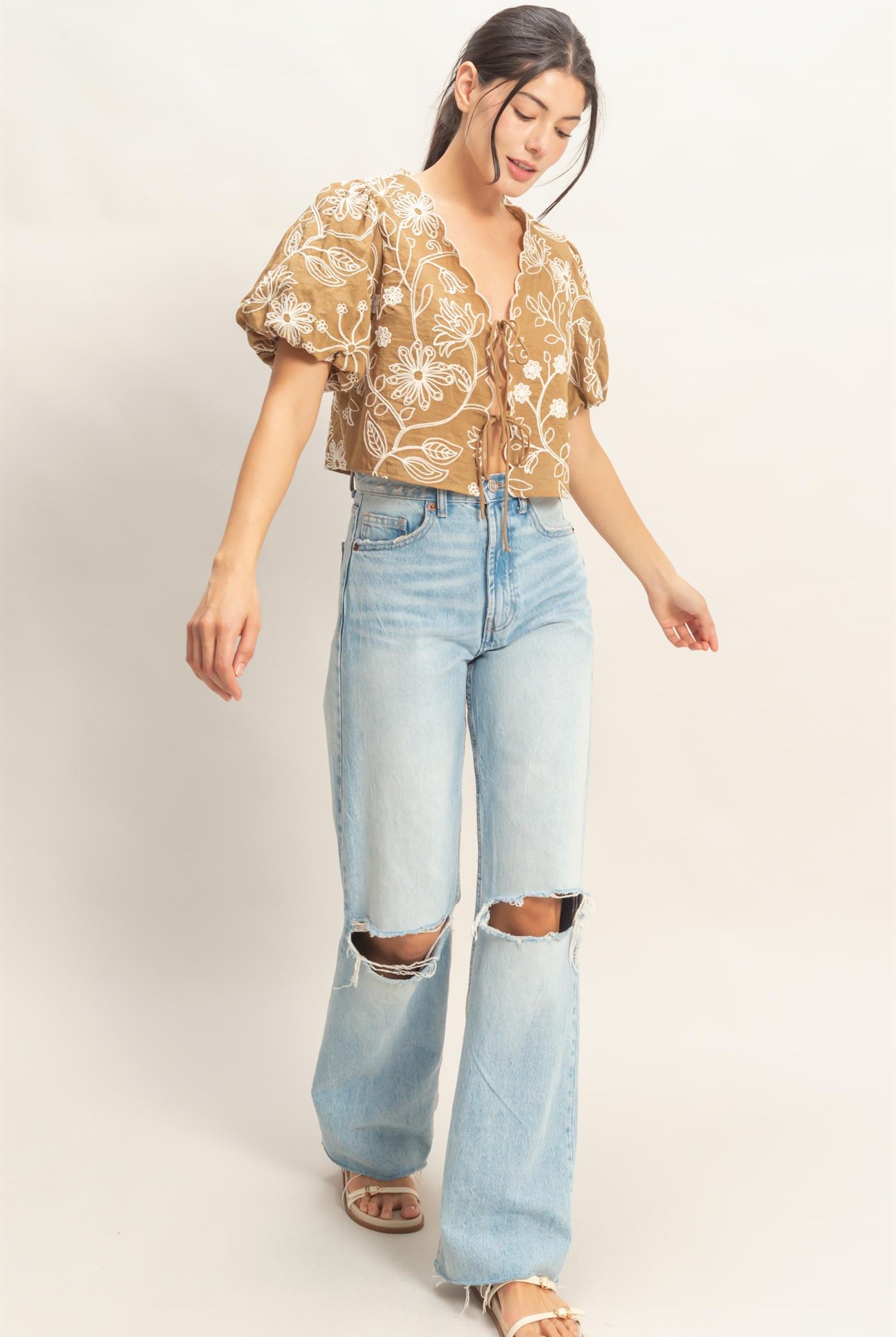 Wholesale Floral Embroidered Tie-Front Top Blouses HF26C556-D LIGHT BROWN HYFVE