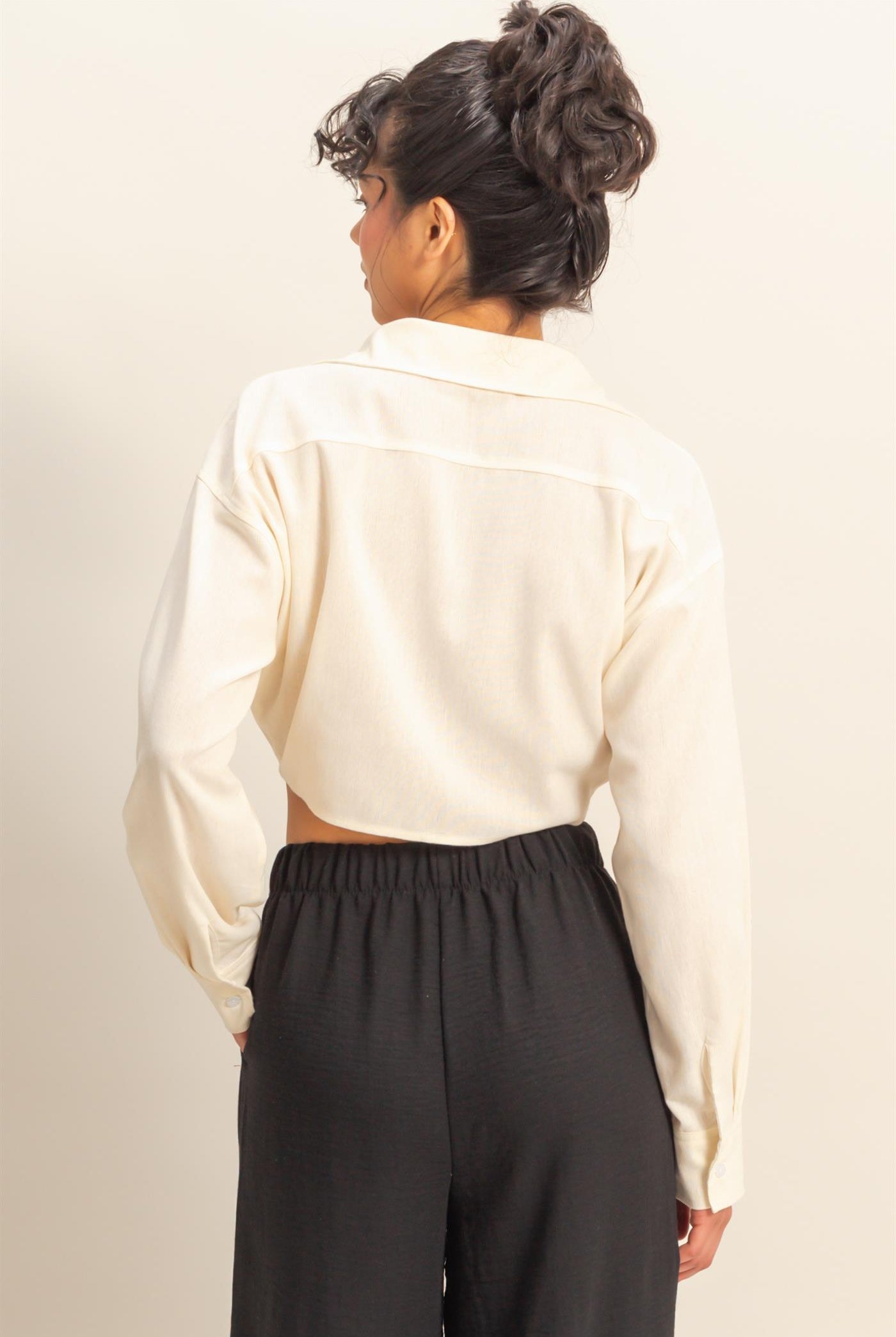 Wholesale Sand Washed Tie Front Crop Top Blouses DZ24C963 WHITE DOUBLE ZERO