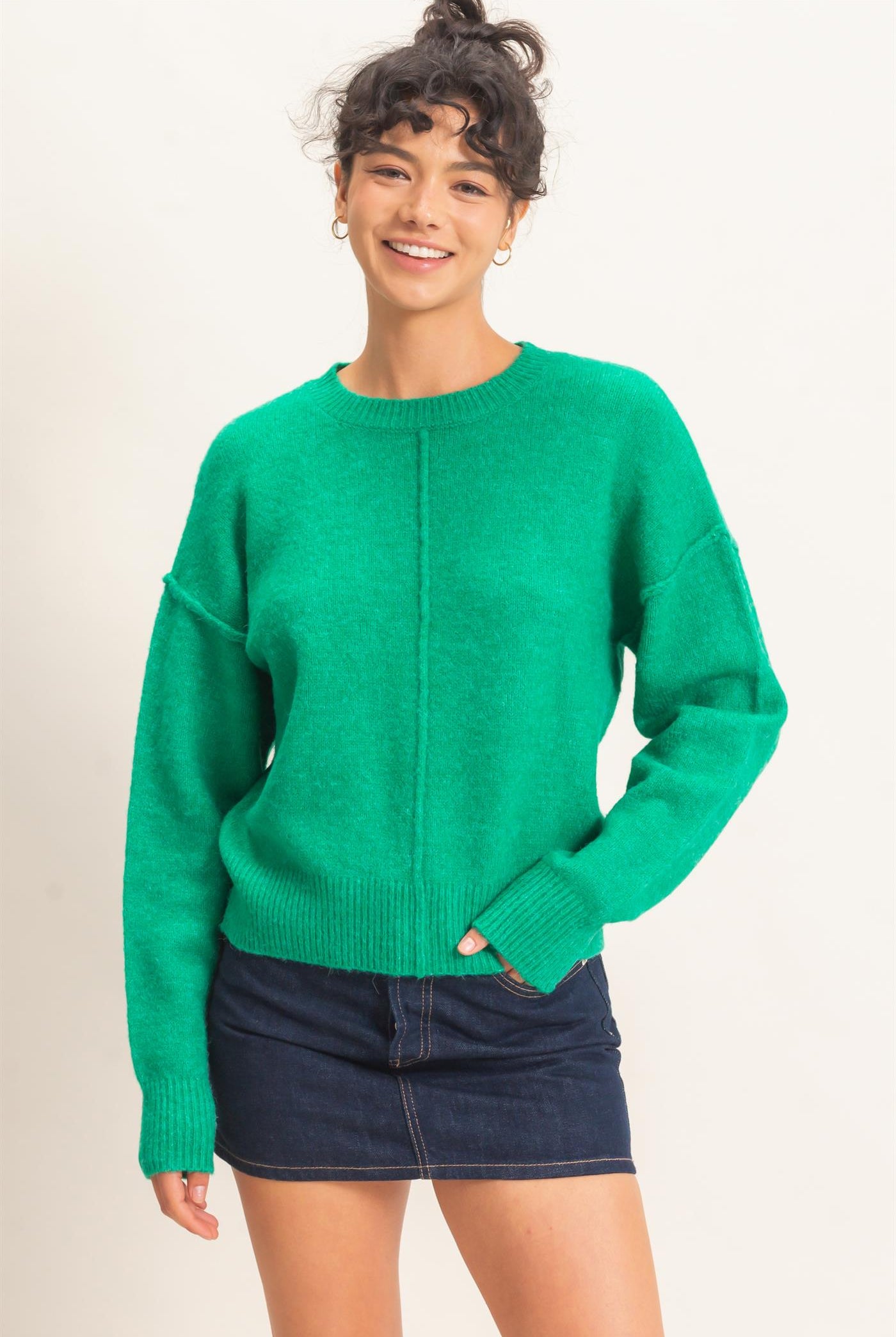 Wholesale Crew Neck Seam Detail Sweater Sweaters DZ26E240 EMERALD DOUBLE ZERO