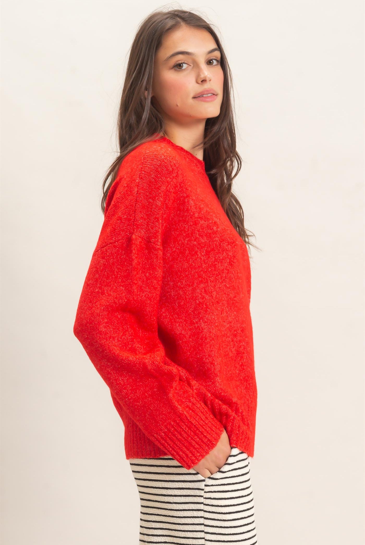 Wholesale Ribbed Crew Neck Sweater Sweaters HF26F179-D RED HYFVE