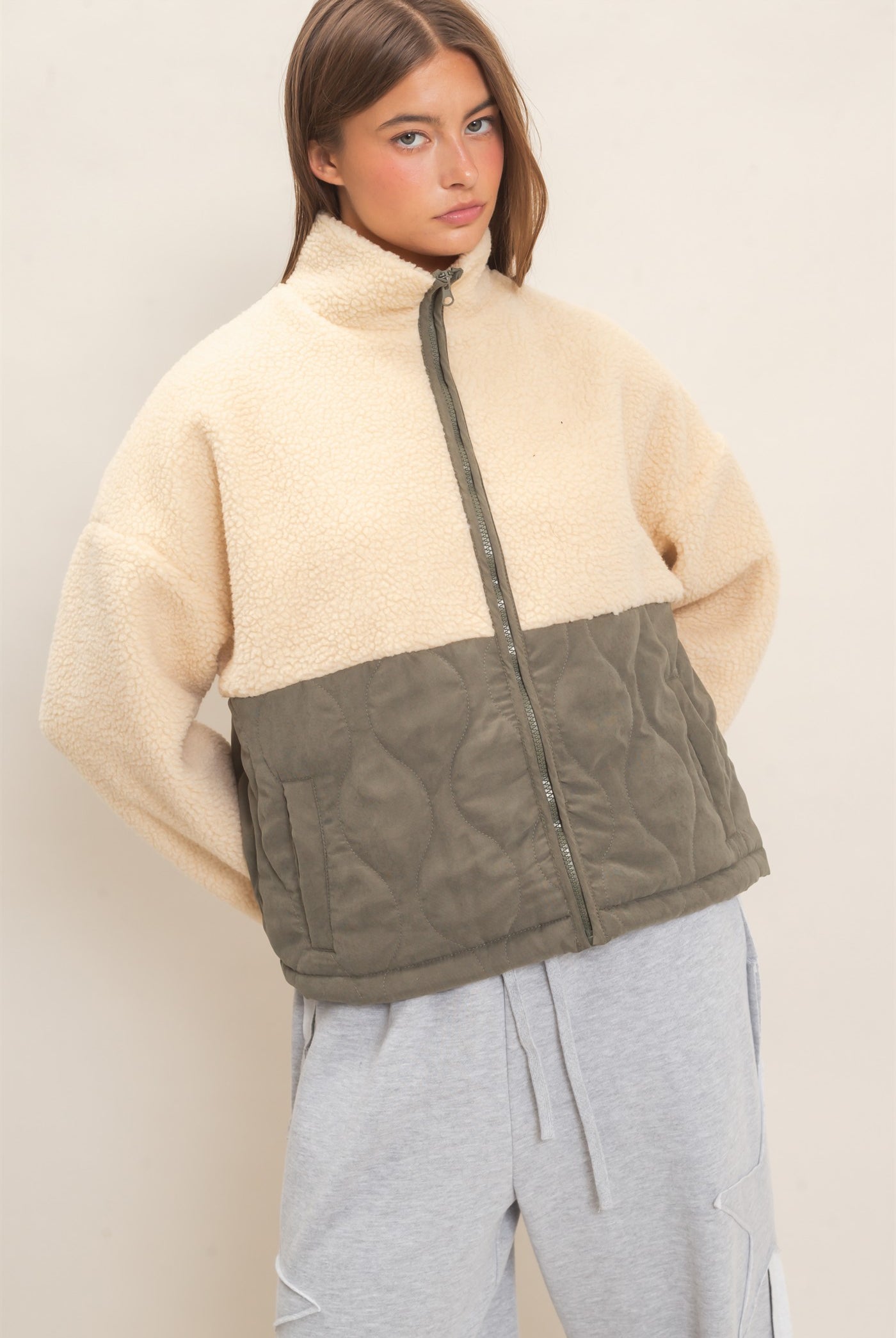 Wholesale Quilted Sherpa Zip Up Jacket Coats & Jackets DZ26F259 OLIVE DOUBLE ZERO