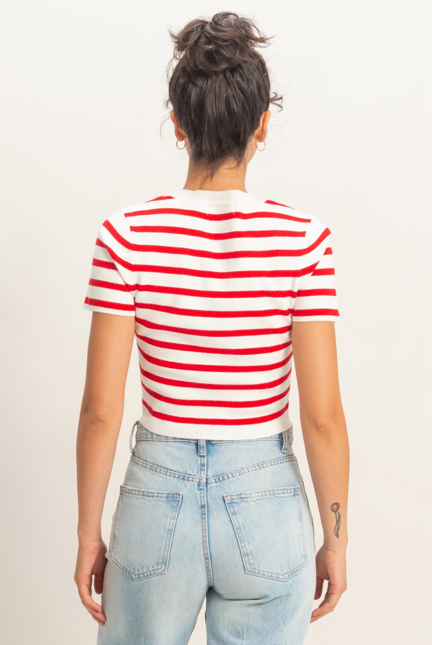 Wholesale Striped And Knit Crew Neck Crop Top Clothing Tops DZ26A139 RED DOUBLE ZERO