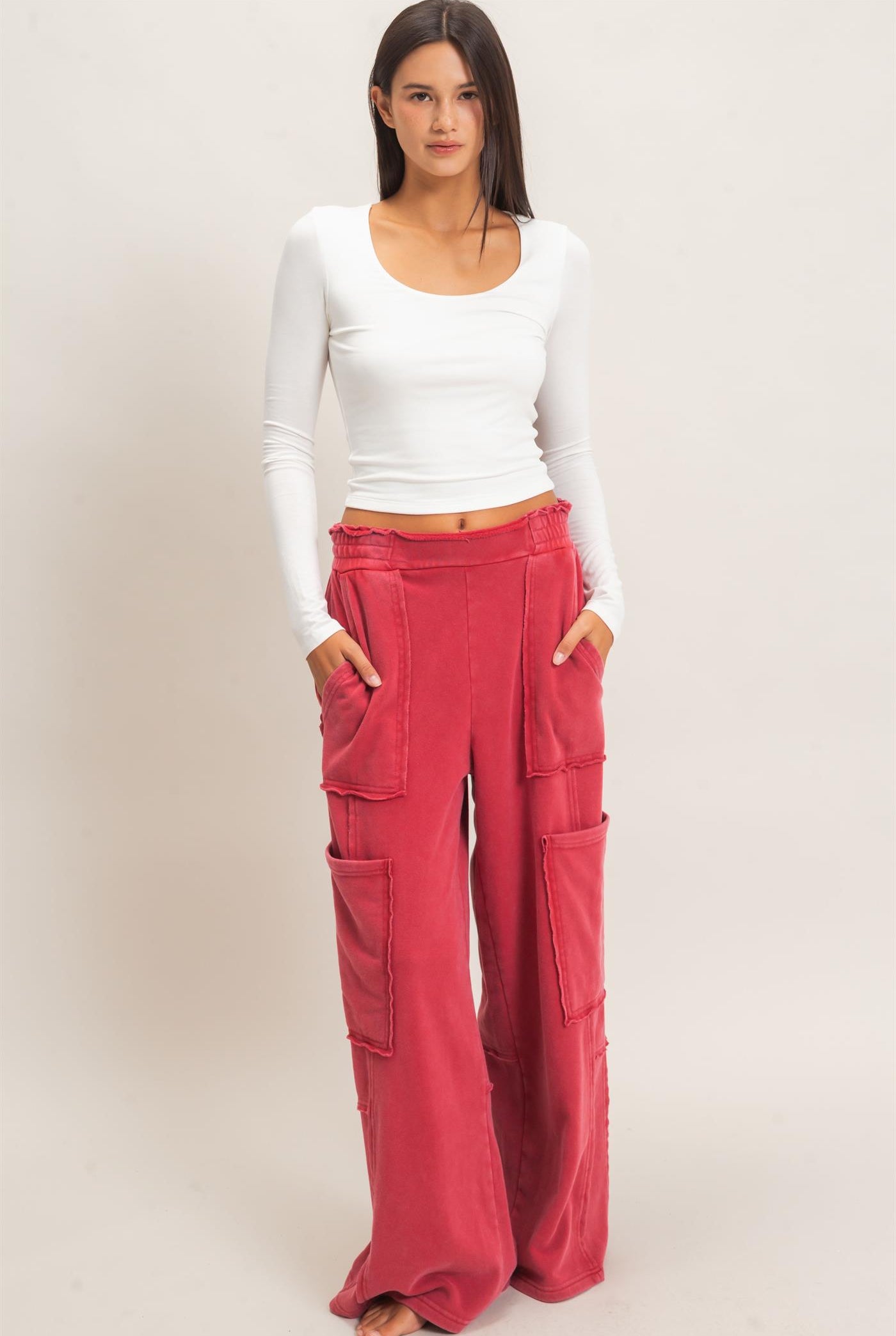 Wholesale Mineral Wash Cargo Pocket Pants Pants DZ26C963 DARK RED DOUBLE ZERO
