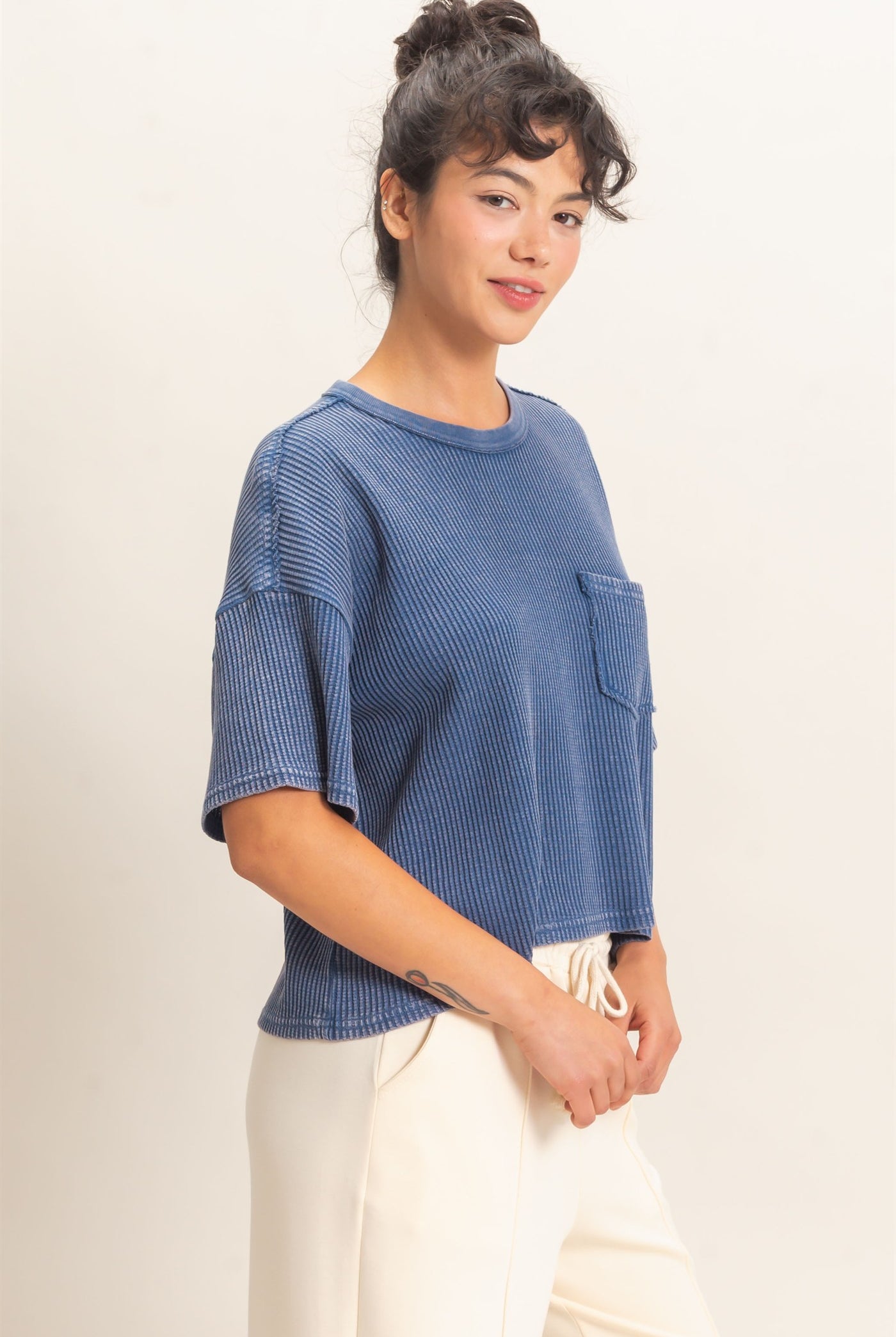 Wholesale Mineral Wash Waffle Knit Pocket Top Clothing Tops DZ26E222 NAVY DOUBLE ZERO