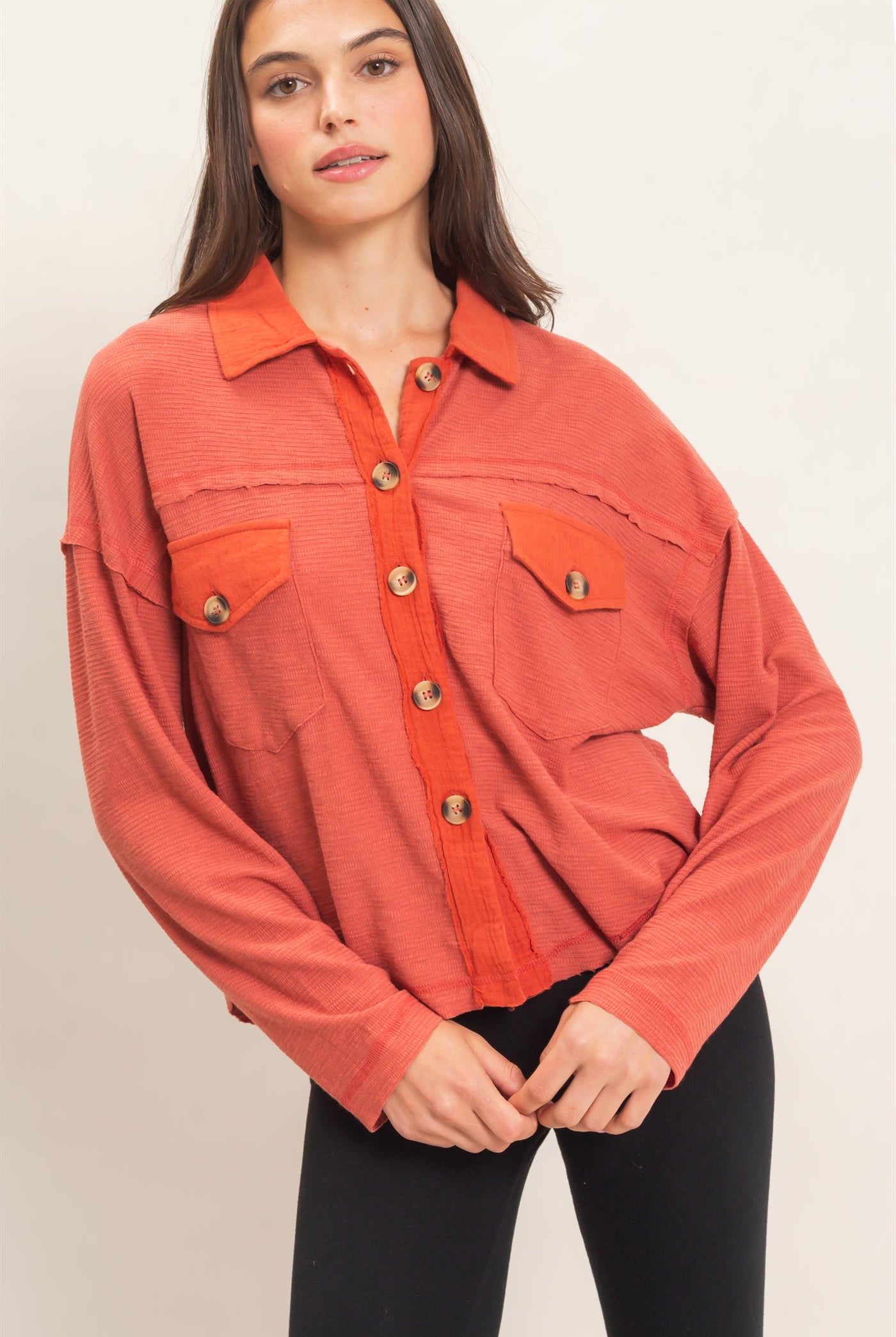 Wholesale Textured Button-Up Shirt Clothing Tops HF26C878 BRICK HYFVE