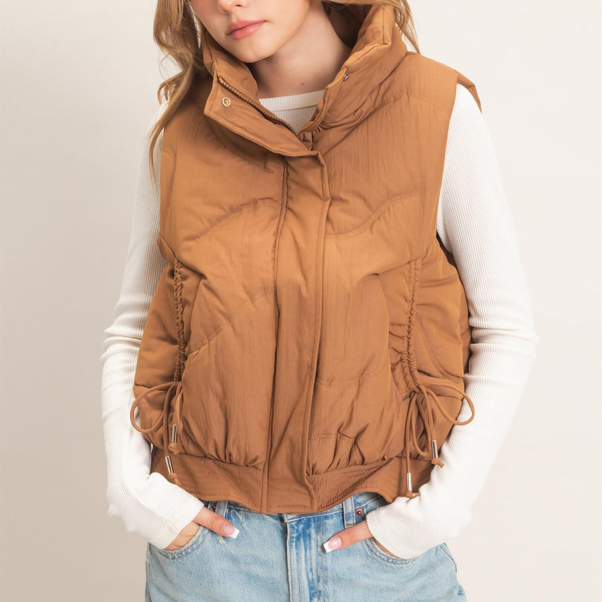 Wholesale Quilted Funnel Neck Puffer Vest Vests HF26F168 BROWN HYFVE