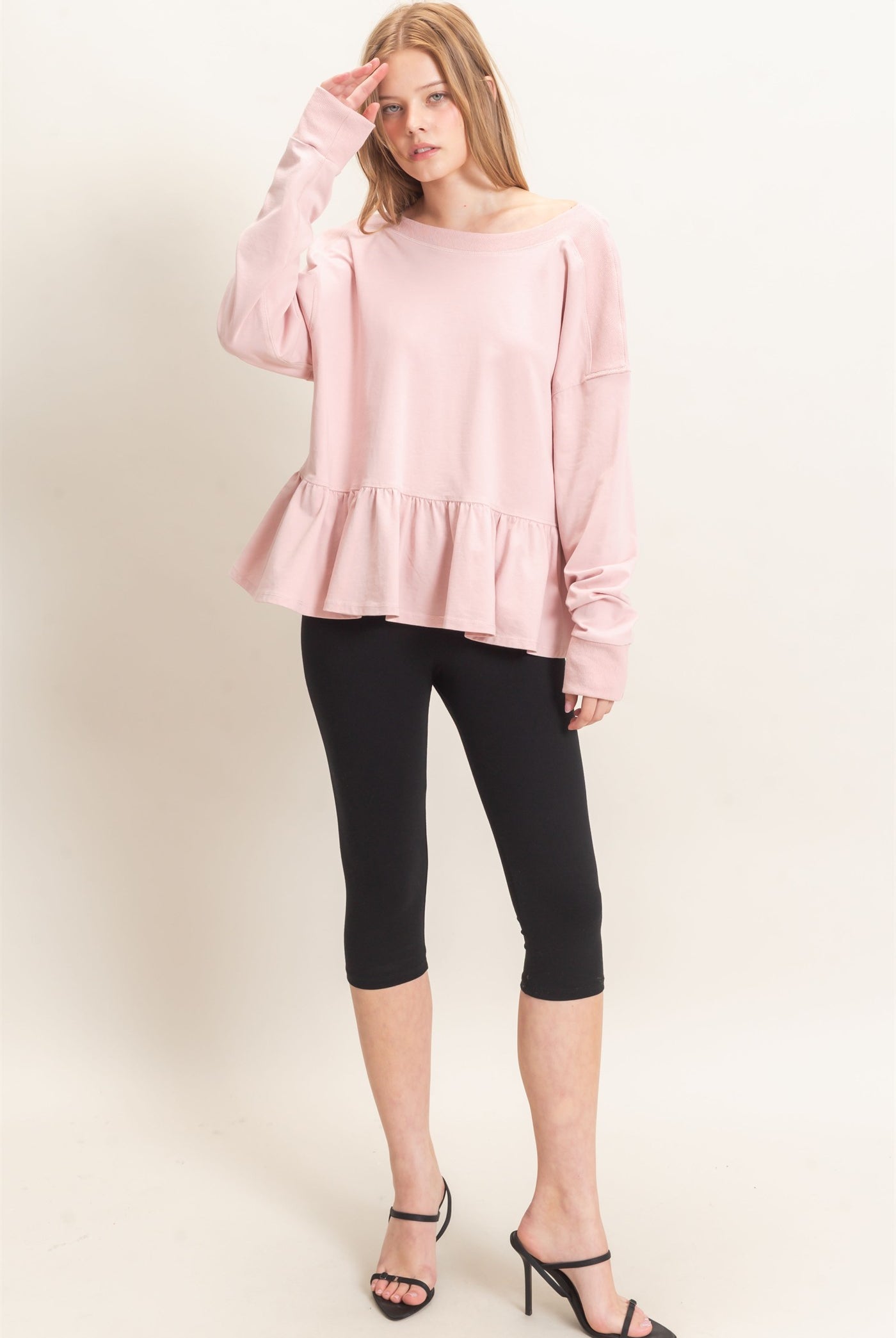 Wholesale Ruffled Hem Long Sleeve Top Clothing Tops HF26E065 PALE BLUSH HYFVE