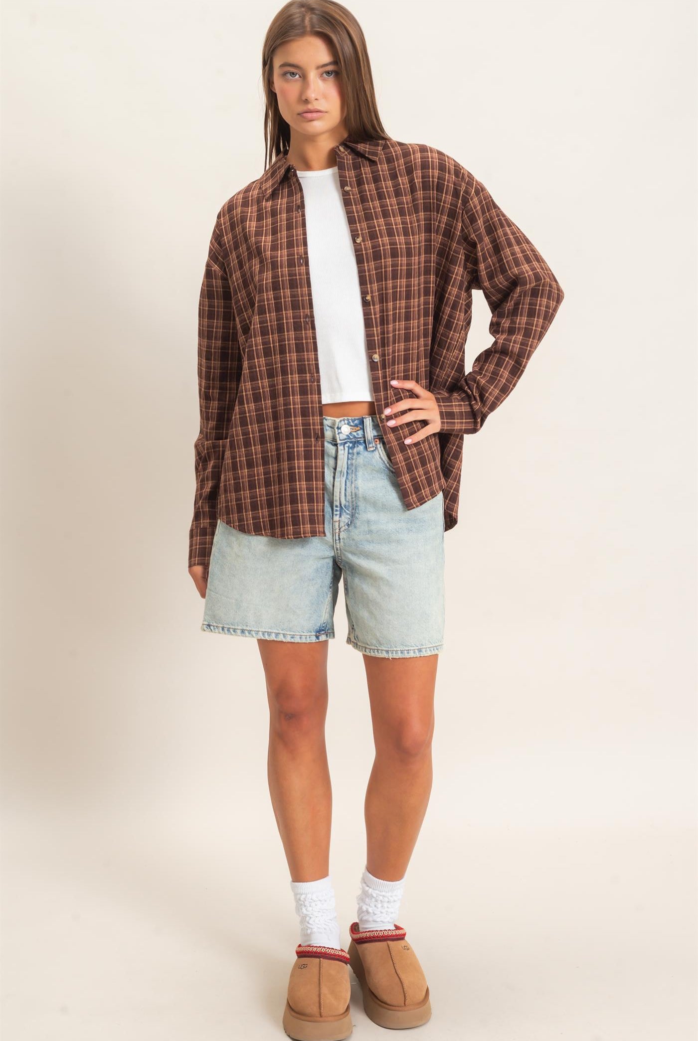 Wholesale Plaid Oversized Shirt Shirts DZ26F062 BROWN DOUBLE ZERO